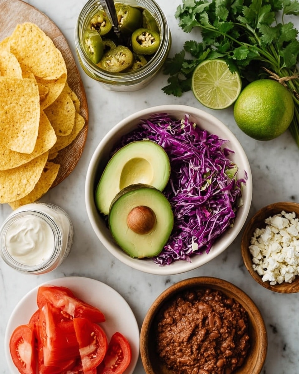 A white bowl sits in the center, filled with two layers: shredded purple cabbage on the bottom and two halves of a fresh green avocado with the seed in one half on top. Around the bowl, there are several other items on a white marbled surface: to the left, three yellow round tortilla chips; above them, a glass jar filled with sliced green jalapeños in liquid with a spoon inside; a sprig of fresh cilantro is behind a small white bowl holding three whole limes, one cut in half showing its juicy center. To the right of the bowl, there is a small black bowl filled with smooth brown refried beans and a white container of crema nearby. Below the bowl, a small round wooden bowl holds crumbly white cheese, and next to it, a white plate holds four tomato wedges with a shiny red skin. photo taken with an iphone --ar 4:5 --v 7
