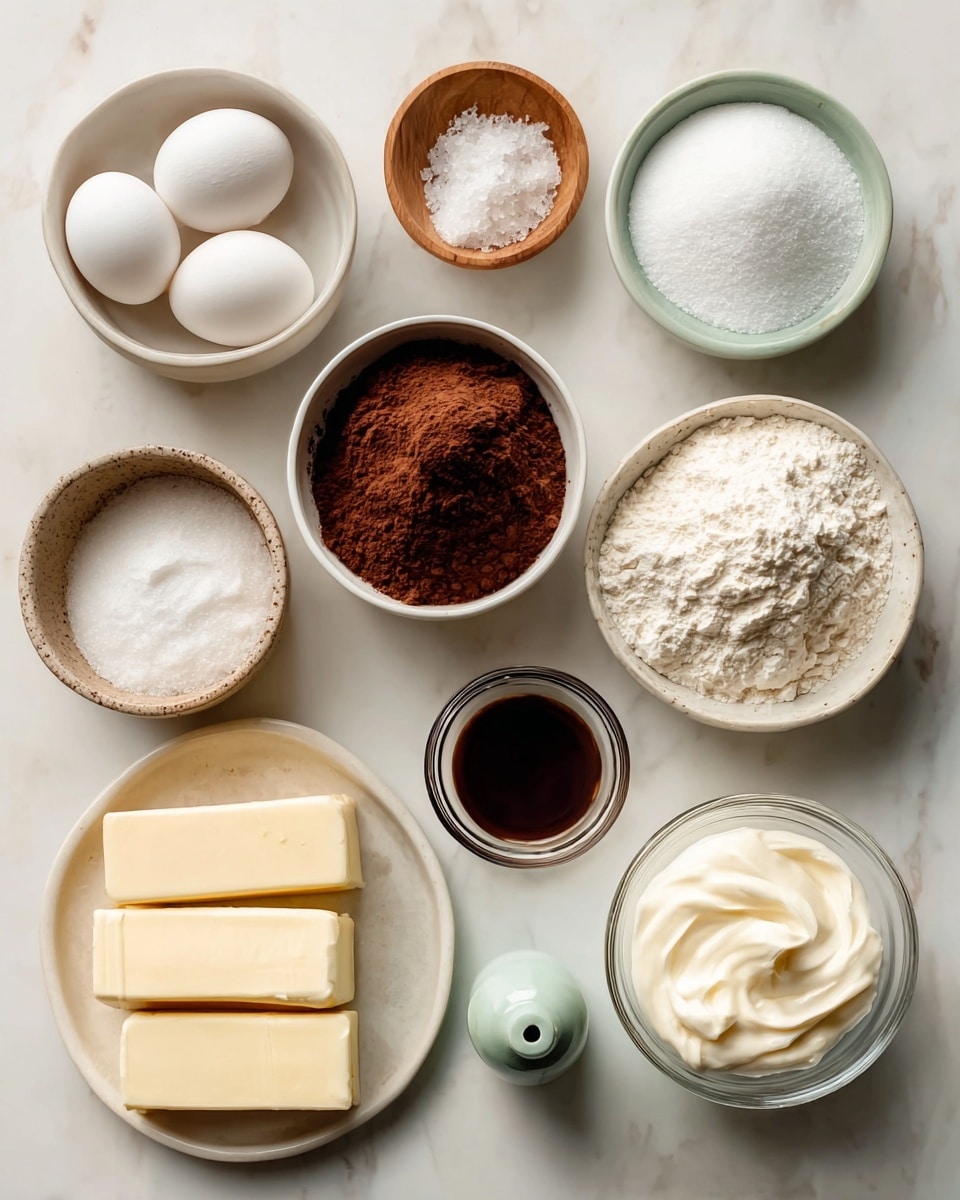 The image shows nine small bowls and plates with different ingredients arranged on a white marbled surface. Starting from the upper left, a white bowl holds three white eggs. Next to it is a small light wooden bowl with coarse salt. To the right, a white bowl contains a pile of fine white sugar. Below the eggs, a white bowl holds white flour, and next to it in the center is a clear glass bowl filled with dark brown cocoa powder. Below that, a small clear glass container holds dark brown vanilla extract. On the bottom left, a white plate has three rectangular sticks of pale yellow butter. To the right of the butter plate, a small pale green bottle stands vertically. On the bottom right is a clear glass bowl filled with thick white cream or sour cream. The setting is clean and simple with soft natural light. Photo taken with an iphone --ar 4:5 --v 7