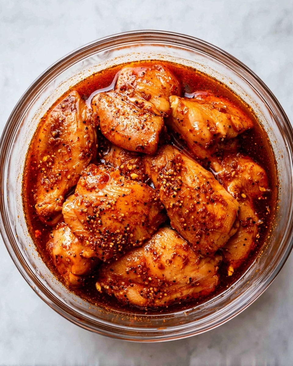 A clear glass bowl filled with several pieces of raw chicken soaked in a thick, reddish-brown marinade that looks oily and spiced with black pepper and other seasonings. The chicken pieces are closely packed, fully covered by the sauce, and the texture of the marinade looks smooth and shiny with visible coarse ground spices. The bowl sits on a white marbled surface. photo taken with an iphone --ar 4:5 --v 7