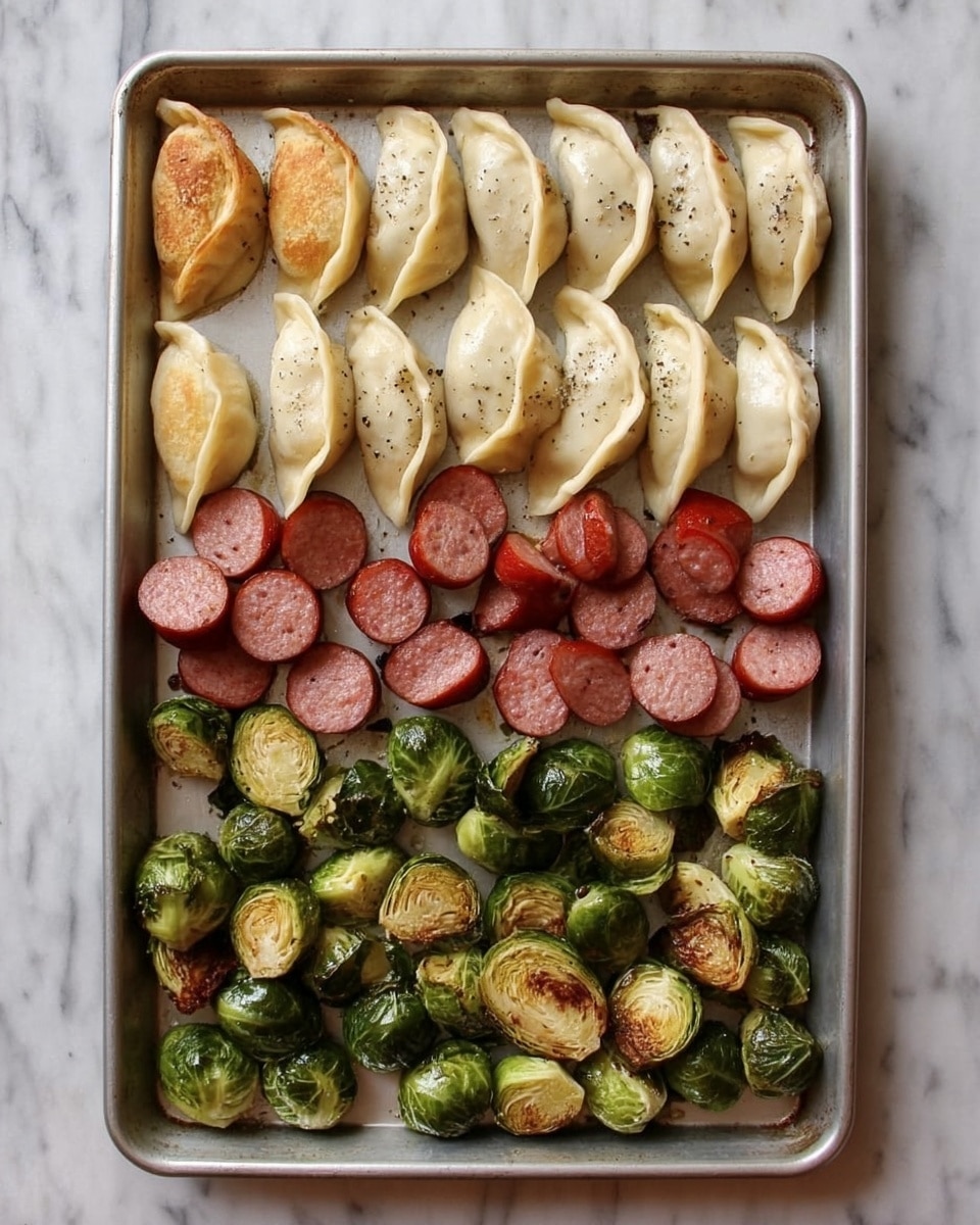 A baking tray holds three layers of cooked food arranged in rows: the top row has a dozen half-moon shaped lightly browned dumplings with a soft texture and some black pepper specks; the middle row features evenly cut sausage pieces with a shiny, cooked red surface and pink interior; the bottom layer includes many roasted Brussels sprouts, some halved and some whole, with a bright green color and browned edges showing a slightly crispy texture. The tray is set on a white marbled surface. photo taken with an iphone --ar 4:5 --v 7