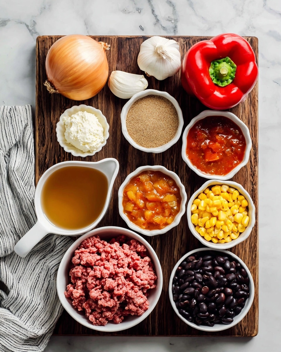 A dark wooden cutting board on a white marbled surface holds nine small bowls and whole vegetables, each labeled. In the top left is a whole onion, next to a glossy red bell pepper. Below the onion is a small white bowl with garlic cloves, beside a round bowl of light brown taco seasoning. Above the seasoning is a white scalloped bowl with cream cheese. At the bottom left corner, a white measuring cup contains light brown broth. In the center is a white bowl with raw pink ground beef. To the right of the beef are three small white bowls stacked vertically: bright yellow corn at the top, orange-red canned tomatoes with sauce in the middle, and shiny black beans at the bottom. A white and gray striped cloth napkin is seen partly on the left side of the board. photo taken with an iphone --ar 4:5 --v 7