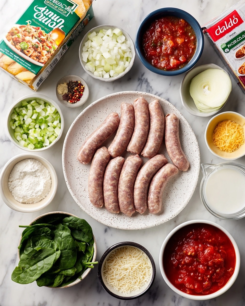 The image shows raw Italian sausage links arranged in a slightly curved row on a white plate with a speckled pattern, placed on a white marbled surface. Surrounding the sausages are small bowls and containers holding several ingredients: finely chopped pale green celery in a white bowl, diced white onions in another white bowl, a small dark blue bowl filled with white flour, and a purple bowl containing minced garlic. A clear measuring cup with white heavy cream sits near the center, alongside a white measuring cup filled with fresh green spinach leaves. There are two more small bowls, one yellow with red pepper flakes and one orange with dried oregano. A carton of chicken broth with green and yellow colors is positioned at the bottom left, and an opened can of bright red crushed tomatoes is at the top right. A box of Delallo potato gnocchi in brown and white packaging rests next to the spinach on the right. All items are neatly arranged on the white marbled background. Photo taken with an iphone --ar 4:5 --v 7