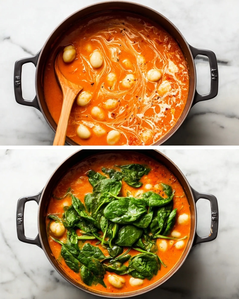 A black pot with two handles filled with a thick tomato soup base that is bright orange-red in color. On the surface, white creamy streaks swirl through the soup, with small white gnocchi pieces floating on top. A wooden spoon is resting inside the pot, partially stirring the mixture. In the second image, the same pot holds the same orange-red soup base, but now topped with fresh green spinach leaves that cover most of the surface. Some gnocchi pieces peek out from under the spinach. The pot is placed on a white marbled surface. Photo taken with an iphone --ar 4:5 --v 7