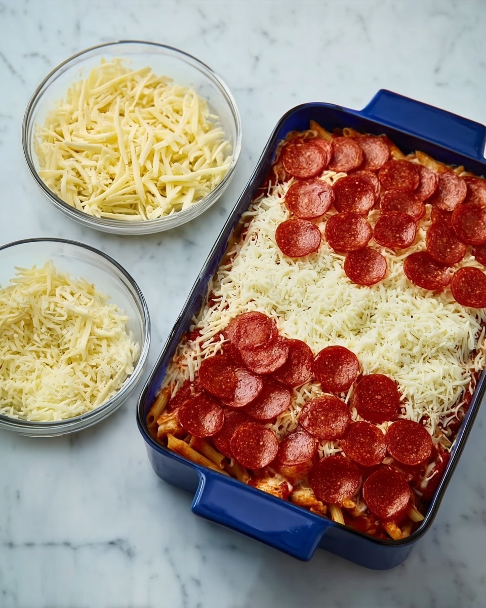 A rectangular blue baking dish with three visible layers: the bottom layer is red pasta with sauce filling about one-third of the dish, the middle layer is shredded pale yellow cheese spread evenly over the pasta, and the top layer features pepperoni slices arranged mainly on the upper half. Next to the dish, there are two clear glass bowls, one filled with shredded pale yellow cheese and the other with pepperoni slices. The dish and bowls are placed on a white marbled surface. Photo taken with an iphone --ar 4:5 --v 7