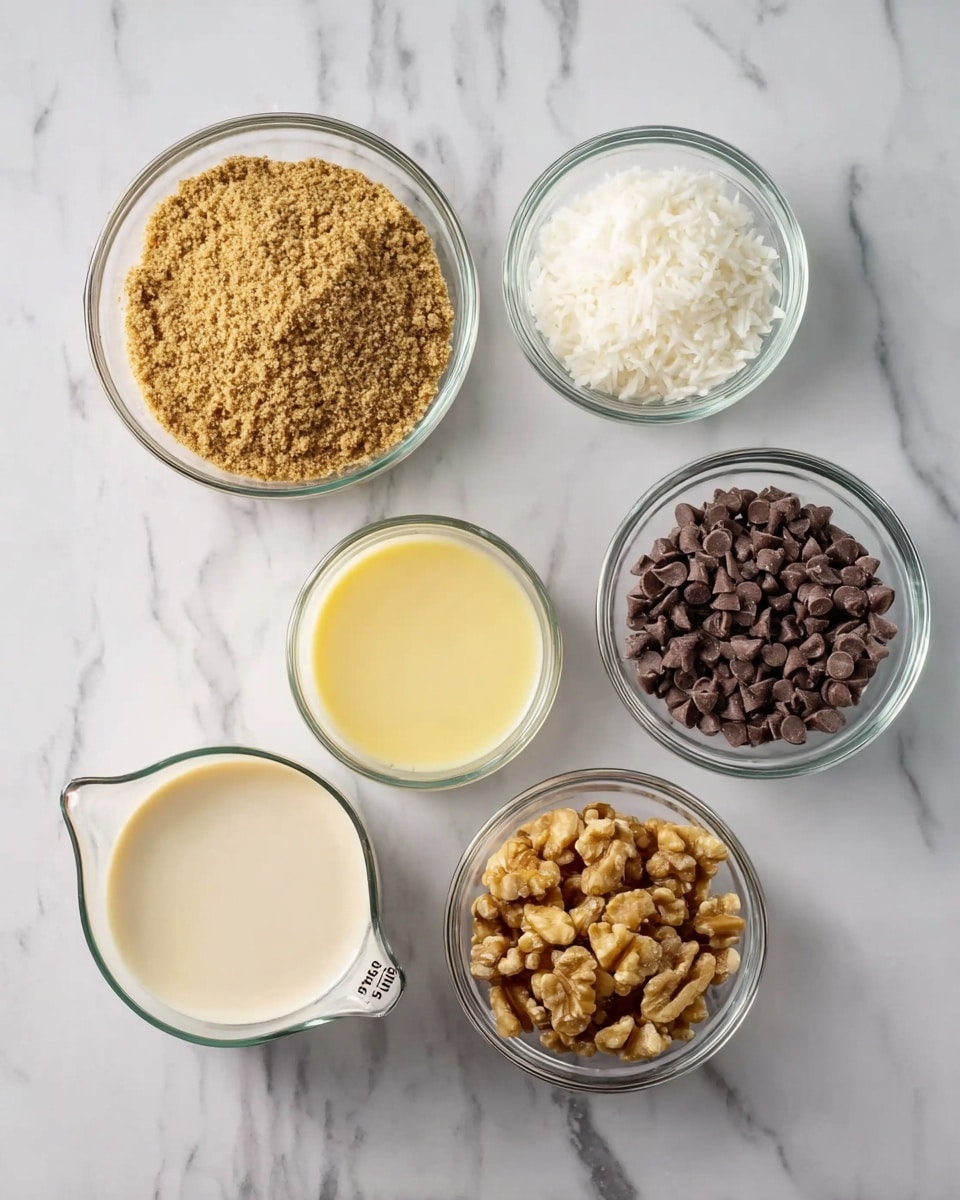 The image shows six clear glass bowls and one small white glass measuring cup arranged on a white marbled surface. The top left bowl is filled with light brown crumbly powder, while the top middle bowl holds white coconut flakes. The top right bowl contains small dark brown chocolate chips. Below them, the measuring cup on the left is filled with a light cream liquid. Next to it, a bowl with a pale yellow liquid sits in the middle, and to the right is a bowl filled with chopped light brown walnuts. All bowls and the measuring cup are neatly spaced, and the scene has soft, natural lighting. Photo taken with an iphone --ar 4:5 --v 7