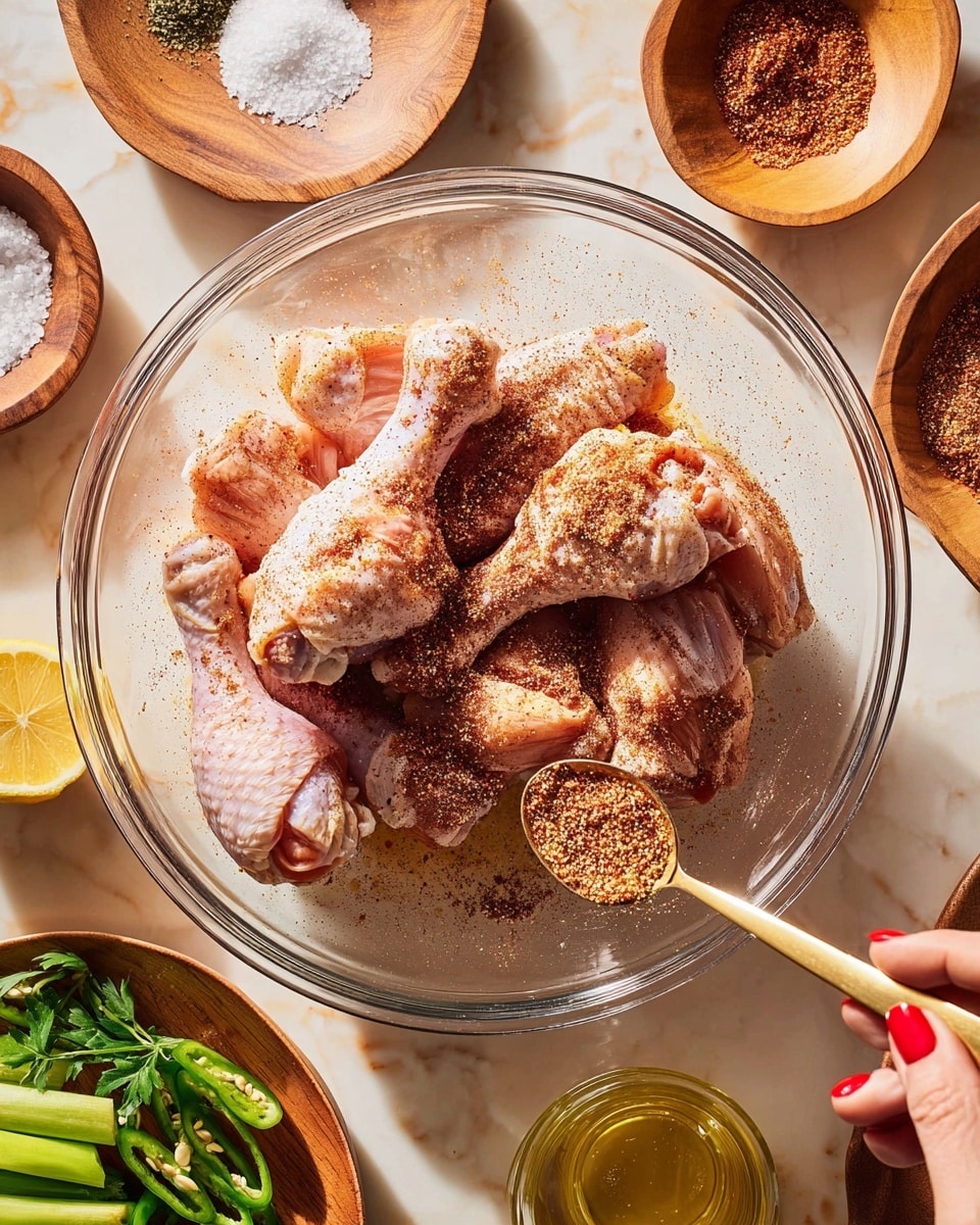 A clear glass bowl sits in the center on a white marbled texture surface, holding six raw chicken drumsticks arranged in a loose pile. The chicken pieces have light pink and pale skin tones and are sprinkled generously with dark red and brown spice powder and a few crystals of coarse salt. A woman’s hand with red nail polish is seen in the lower right corner, holding a small gold spoon filled with more reddish-brown seasoning, about to add it to the chicken. Around the bowl, there are several small wooden plates and bowls: one with a reddish spice mix, another with white salt, a plate with fresh green herbs and half a lemon, and a wooden plate on the lower left holding sliced green chili peppers. A small glass container of golden oil is visible near the bottom. The overall lighting is warm and bright, capturing the textures and colors clearly. photo taken with an iphone --ar 4:5 --v 7
