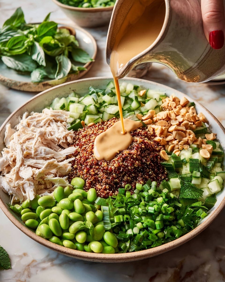 A white bowl is filled with layers starting from a base of red quinoa in the center, topped with a drizzle of creamy light brown sauce being poured from a beige pitcher by a woman's hand with red nail polish. Around the quinoa, there are shredded white chicken pieces on the left, chopped light brown peanuts next to it, bright green edamame beans on the right, dark green chopped herbs like cilantro and mint below the edamame, green chopped scallions beside the herbs, and chopped cucumber pieces on the bottom left. The bowl is placed on a table with a white marbled texture, with some small plates of fresh herbs like basil and cilantro in the background. photo taken with an iphone --ar 4:5 --v 7