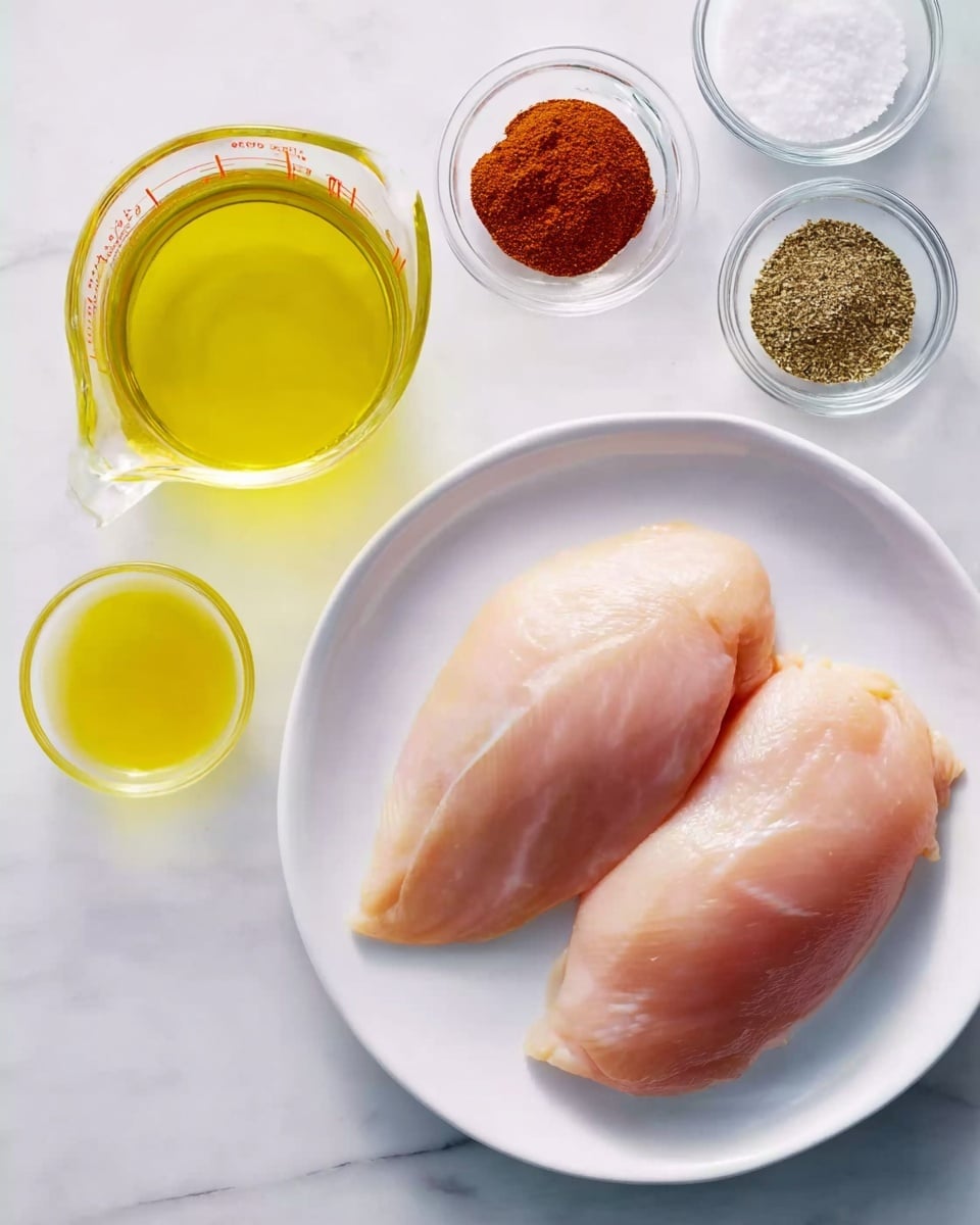 A white plate with two pieces of raw pale pink chicken placed side by side. Above the plate on a white marbled surface are small clear bowls containing light brown, reddish-brown, and black spices, and a small bowl with a light yellow liquid, alongside another small bowl with white salt. To the left of the white plate is a clear glass measuring cup filled with bright yellow olive oil. The scene is bright with good light, showing clear details of the chicken and ingredients. Photo taken with an iphone --ar 4:5 --v 7