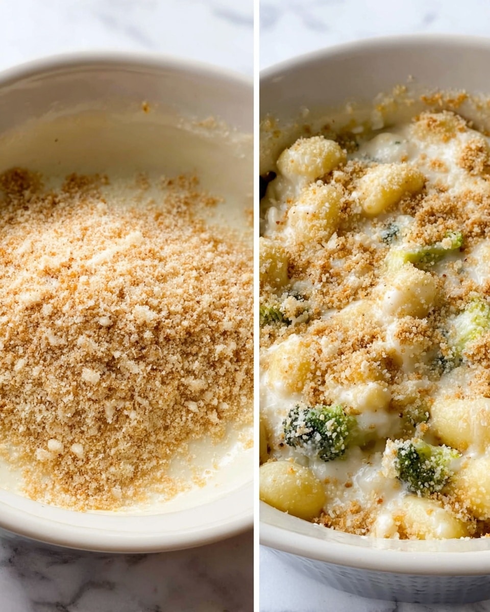 The first image shows a close-up of a white bowl filled halfway with a creamy white sauce, topped with a thick layer of light brown breadcrumbs which cover about half of the surface; the texture looks powdery and slightly crumbly. The second image features a white ceramic dish filled with a layered pasta bake, with small gnocchi and pieces of green broccoli mixed together in a creamy white sauce; the top is sprinkled generously with the same light brown breadcrumbs, creating a rough, dry texture that contrasts with the creamy sauce and soft gnocchi beneath. The dish rests on a white marbled surface. photo taken with an iphone --ar 4:5 --v 7
