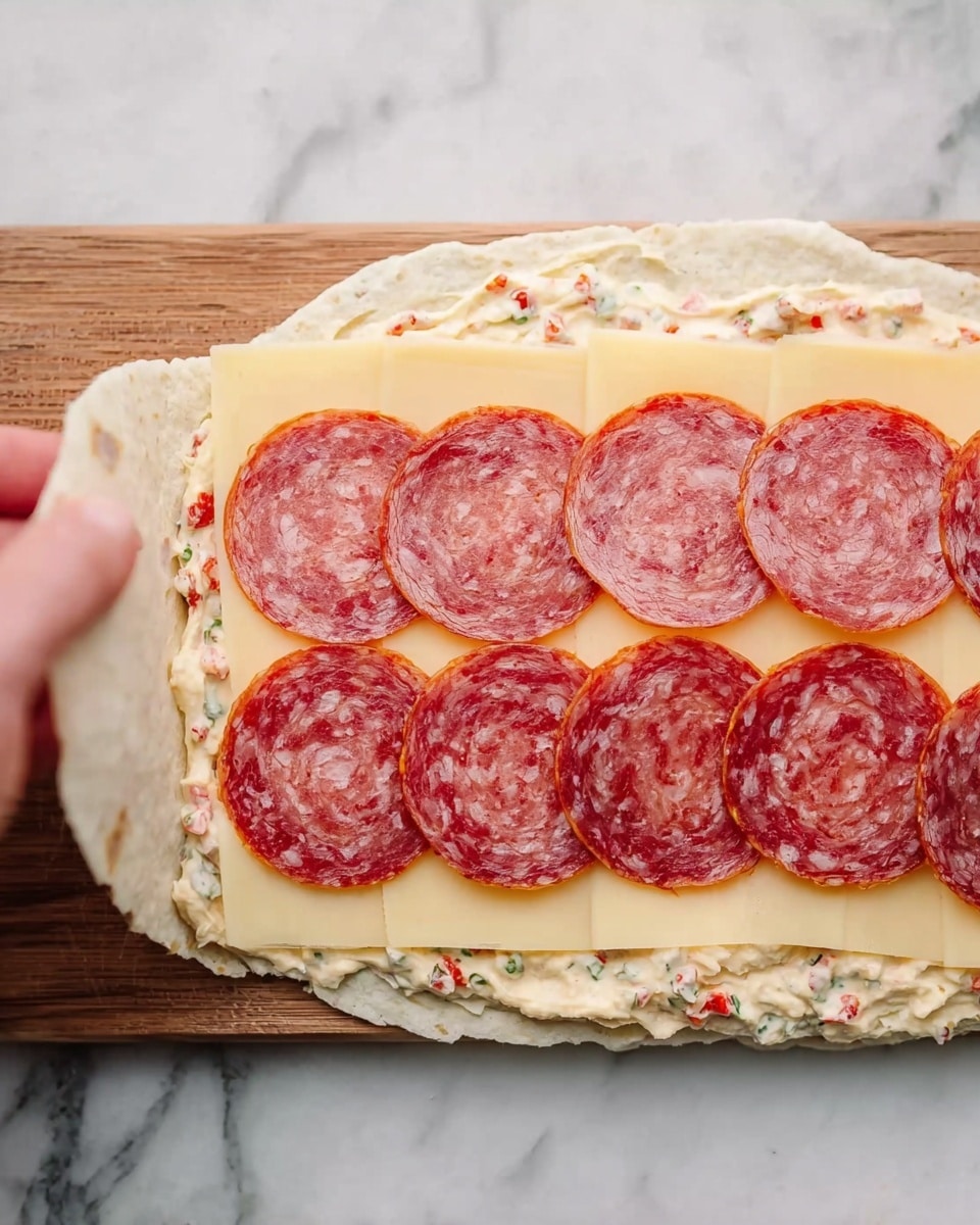 The image shows a close-up of an open wrap on a wooden board placed on a white marbled surface. The wrap has a base layer of creamy spread with visible small bits of red and green pepper mixed in. On top, there are six semi-transparent, thin slices of light yellow cheese spread in a row across the middle. Over the cheese, seven evenly placed circular slices of salami with a rich red color and white fat specks form the final top layer. A woman's hand is seen holding part of the wrap gently on the left side. photo taken with an iphone --ar 4:5 --v 7