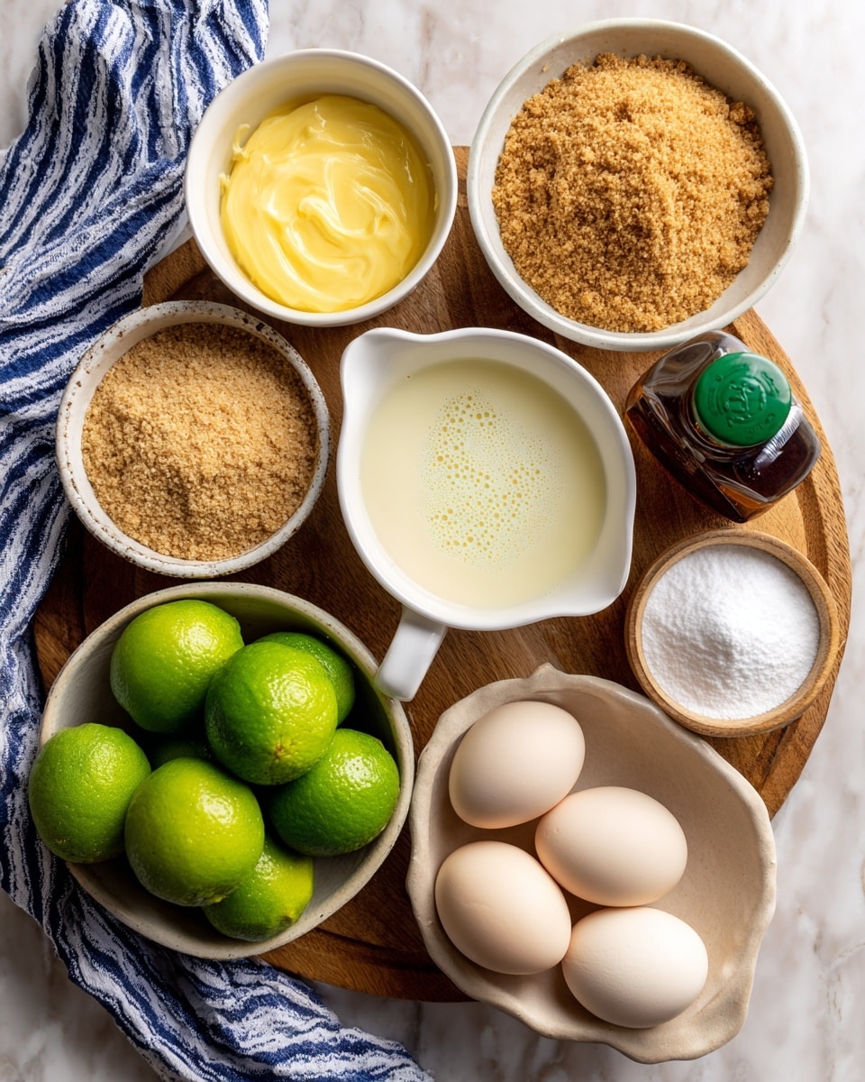 The image shows a wooden board on a white marbled surface with several small white bowls and dishes arranged in a circle. At the top left is a small white bowl filled with melted golden yellow butter. To the right is a white bowl with light brown graham cracker crumbs. Below the butter is a white measuring cup with pale yellow condensed milk that has some bubbles on its surface. In the center right is a white bowl with white granulated sugar. Near the sugar is a small beige bowl with white cream of tartar powder. Next to it is a small dark brown bottle of vanilla extract with a green cap. Below on the right side, a white bowl holds four light beige eggs. On the lower left side of the frame, a white bowl is filled with bright green limes. A striped blue and white cloth is draped on the left side next to the butter bowl. The whole scene sits on a white marbled surface. photo taken with an iphone --ar 4:5 --v 7