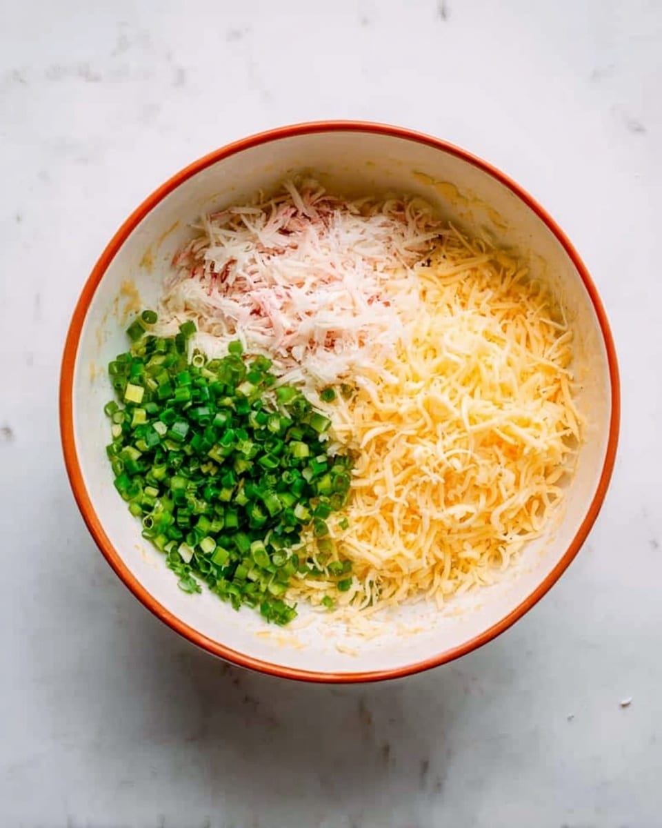 A white bowl with an orange rim sits on a white marbled surface, filled about halfway with three distinct piles of ingredients. On the left is a fine, pinkish-white shredded ingredient that looks soft and light. The right side has a heap of small, bright green chopped pieces with a fresh look. Below these two is a larger pile of yellowish shredded cheese with a slightly soft texture. The ingredients are neatly divided and do not mix. photo taken with an iphone --ar 4:5 --v 7