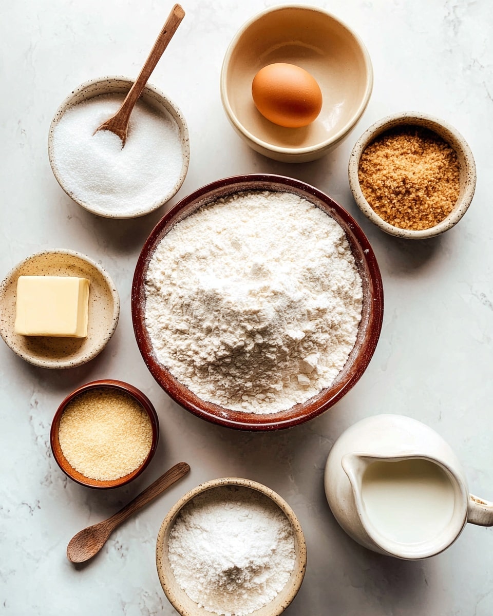 The image shows a top view of seven small bowls and a jug arranged on a white marbled surface. In the center, there is a larger brown bowl filled with white flour that has a slightly uneven surface. Above it, a beige bowl holds a single brown egg. To the right, a small brown bowl contains coarse brown sugar. Below that, a brown bowl holds a white powder, with a small wooden spoon resting inside. On the left side of the central bowl, two smaller bowls sit side by side: one has coarse white salt, and the other holds fine beige yeast. At the bottom left, a small beige dish contains a square of butter, and next to it, a white jug filled with milk completes the arrangement. The colors are soft and natural, and the bowls' textures vary with some smooth and others slightly rough. photo taken with an iphone --ar 4:5 --v 7