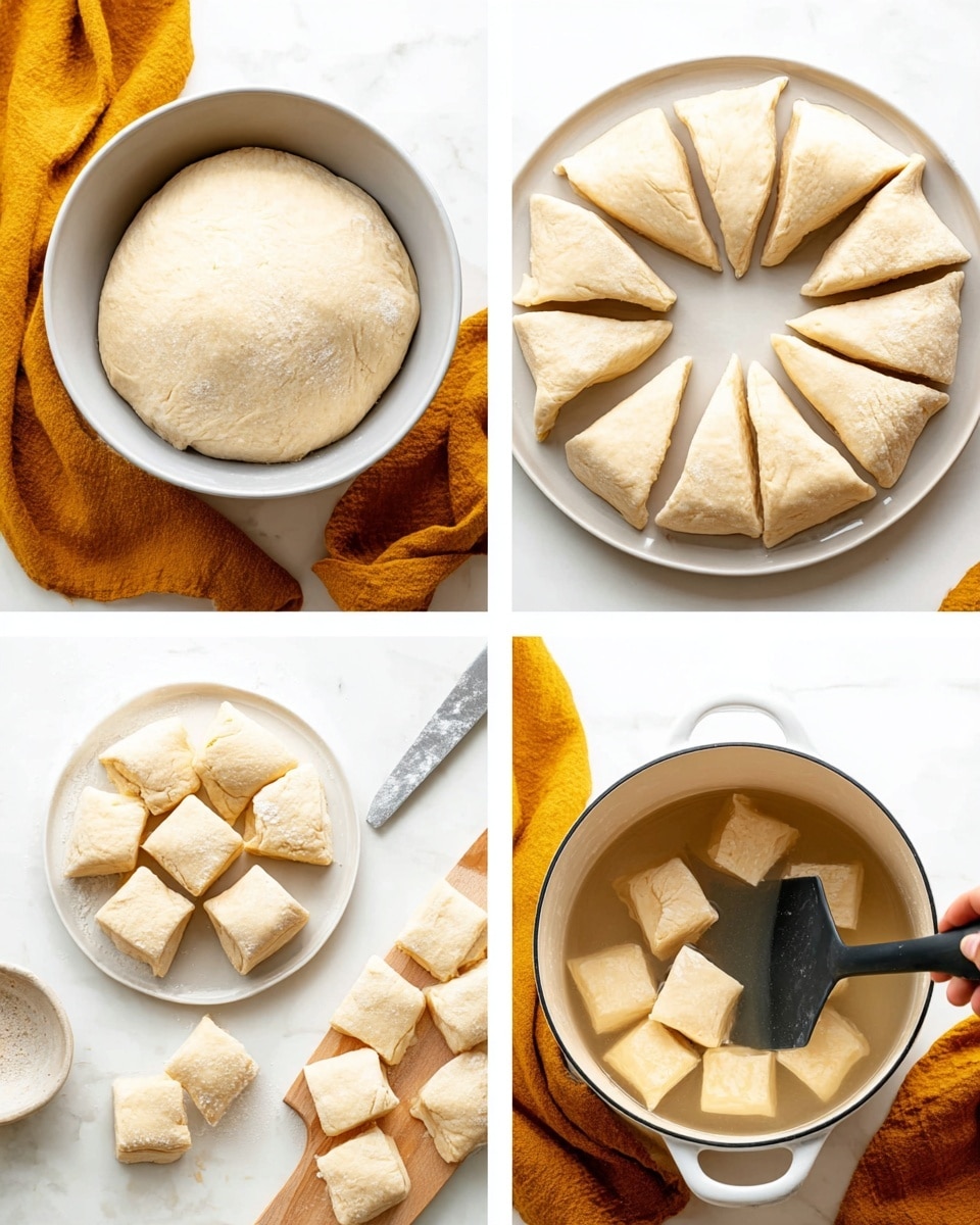 The image shows four steps of making dough pieces. The top left part has a bowl filled with light beige dough that is smooth and slightly puffy. The top right part shows the dough divided into twelve triangular pieces on a white plate arranged in a circle. The bottom left part shows the dough pieces cut into small square pillows spread on a cutting board and a plate, with a knife nearby. The bottom right part shows a white pot with boiling water and dough pieces floating inside, with a black spatula lifting some pieces. A woman's hand holds the spatula. The background and surface are white marble, and a mustard-yellow cloth is partially visible near the dishes. Photo taken with an iphone --ar 4:5 --v 7