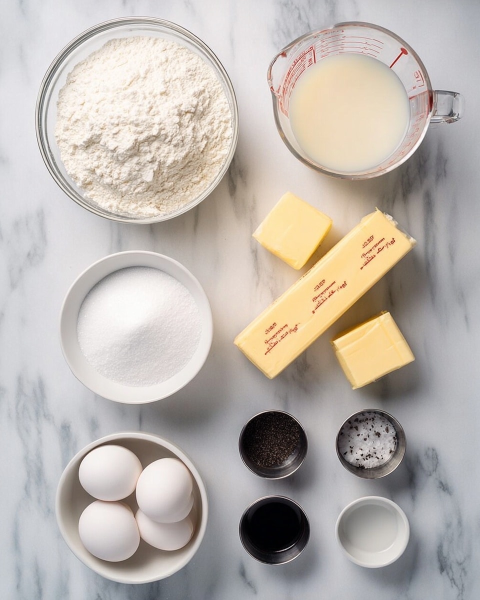 The image shows an overhead view of baking ingredients neatly arranged on a white marbled surface. There is a large glass bowl filled with white flour at the top left, a transparent measuring cup with a light cream liquid to the right of it, and two sticks of yellow butter with red markings placed diagonally below the cup. A large white bowl filled with white sugar is at the bottom left center, and below that is a small white bowl containing four white eggs. Three small metal cups hold white and dark ingredients lined up in front of the sugar and eggs. Lastly, a small white bowl with a few dark specks sits to the right. Everything is placed separately and cleanly. photo taken with an iphone --ar 4:5 --v 7