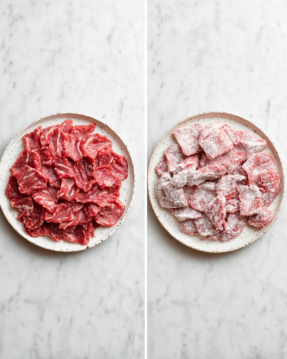 Two white speckled plates are shown side by side on a white marbled surface. The left plate is layered with raw thin slices of red meat, spread evenly to cover the surface. The right plate contains similar slices of raw meat but coated in a light white flour dusting, giving the meat a textured appearance with spots of red peeking through the flour. Both plates are round and filled almost to the edges with the meat. photo taken with an iphone --ar 4:5 --v 7