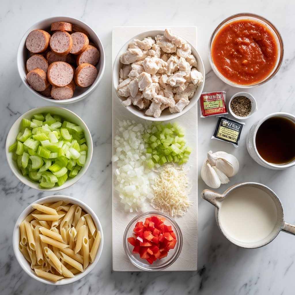 The image shows a white marbled surface with various ingredients arranged neatly for cooking. There is a white bowl with sliced sausages, a white bowl with raw diced chicken, and a white bowl filled with cooked elbow pasta. On the cutting board, there are chopped green and light green celery, finely diced white onions, minced garlic, small chopped red peppers, and two spice packets labeled black pepper and Cajun. Beside the board are glass bowls with tomato sauce, a cup of white cream, and a cup with light-colored broth. Everything is laid out clearly and ready for use, photo taken with an iphone --ar 4:5 --v 7