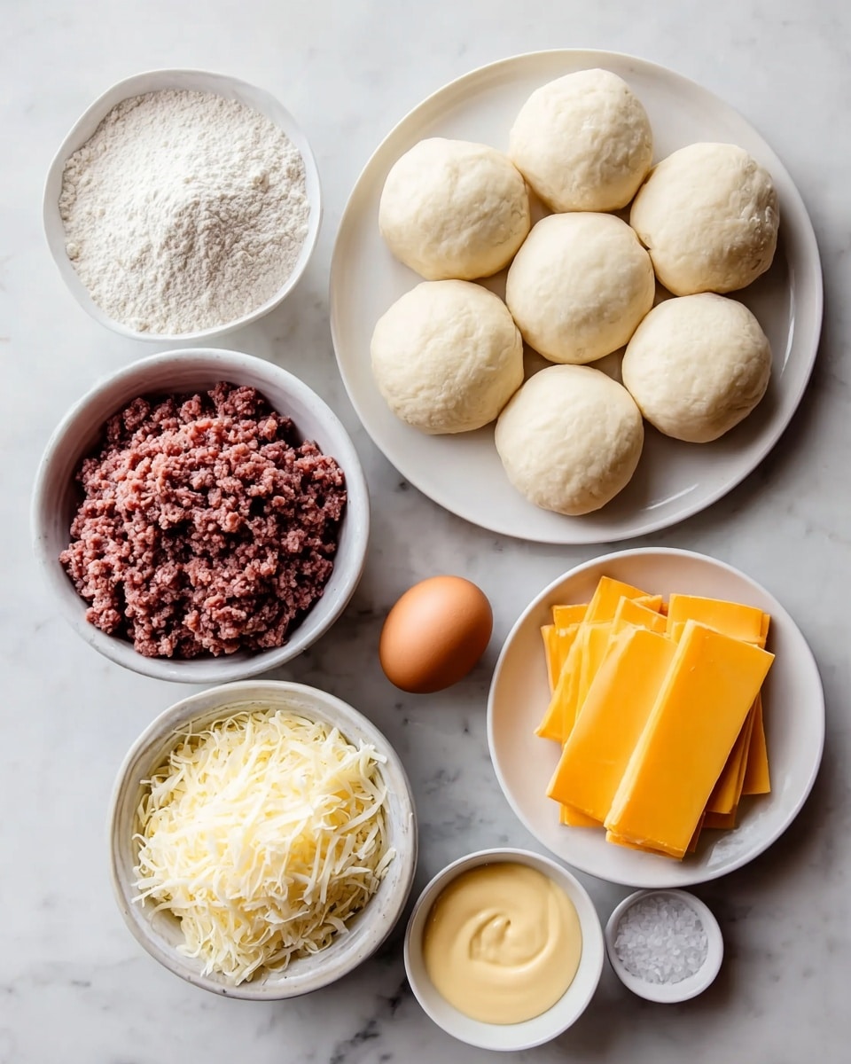 The image shows several small white bowls and a white plate with cooking ingredients arranged on a white marbled surface. On the white plate, there are six smooth, round dough balls with a soft texture and light cream color. One white bowl holds a heap of finely ground raw beef with a reddish-brown color. Another white bowl contains bright orange-yellow cheese slices stacked neatly. A smaller white bowl is filled with white shredded cheese with a soft, stringy look. There is a bowl full of white powdery flour, and beside it, a smaller bowl has a smooth pale yellow sauce with a slight swirl on top. A single brown egg with a smooth shell rests on the marble near the bowls and plate. A separate small white bowl contains coarse white salt crystals. The photo taken with an iphone --ar 4:5 --v 7