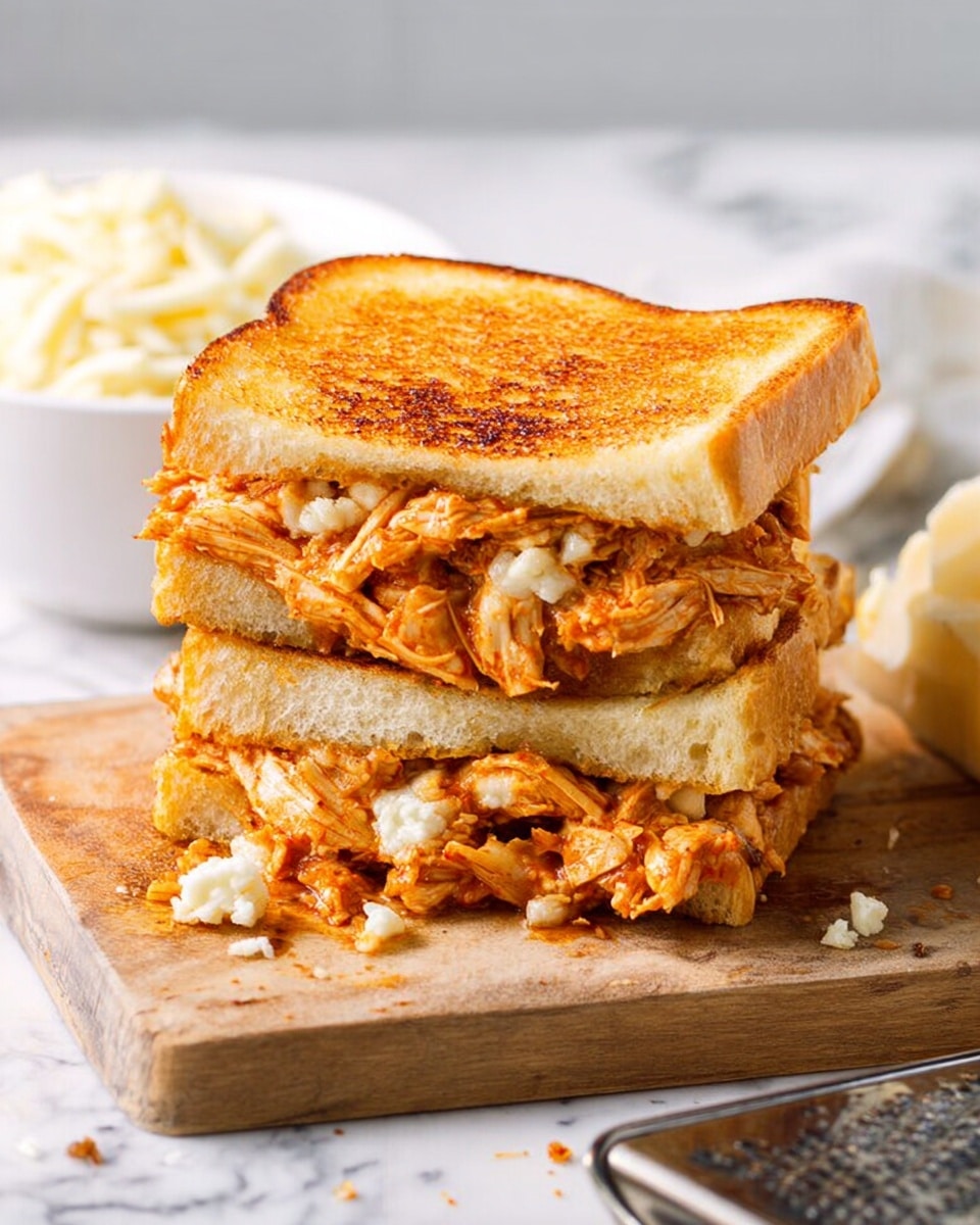 A grilled sandwich is shown stacked in two layers on a wooden board on a white marbled surface. The sandwich has golden-brown toasted bread on the top and bottom layers with a slightly crispy texture. Inside, there is a thick filling of shredded, cooked chicken mixed with some sauce, showing a reddish-orange color and creamy white cheese crumbles scattered unevenly throughout. Some filling spills out from between the layers, displaying a mix of tender chicken and melted cheese. In the background, there is a white bowl filled with cheese and a cheese grater with some shredded cheese on it. photo taken with an iphone --ar 4:5 --v 7