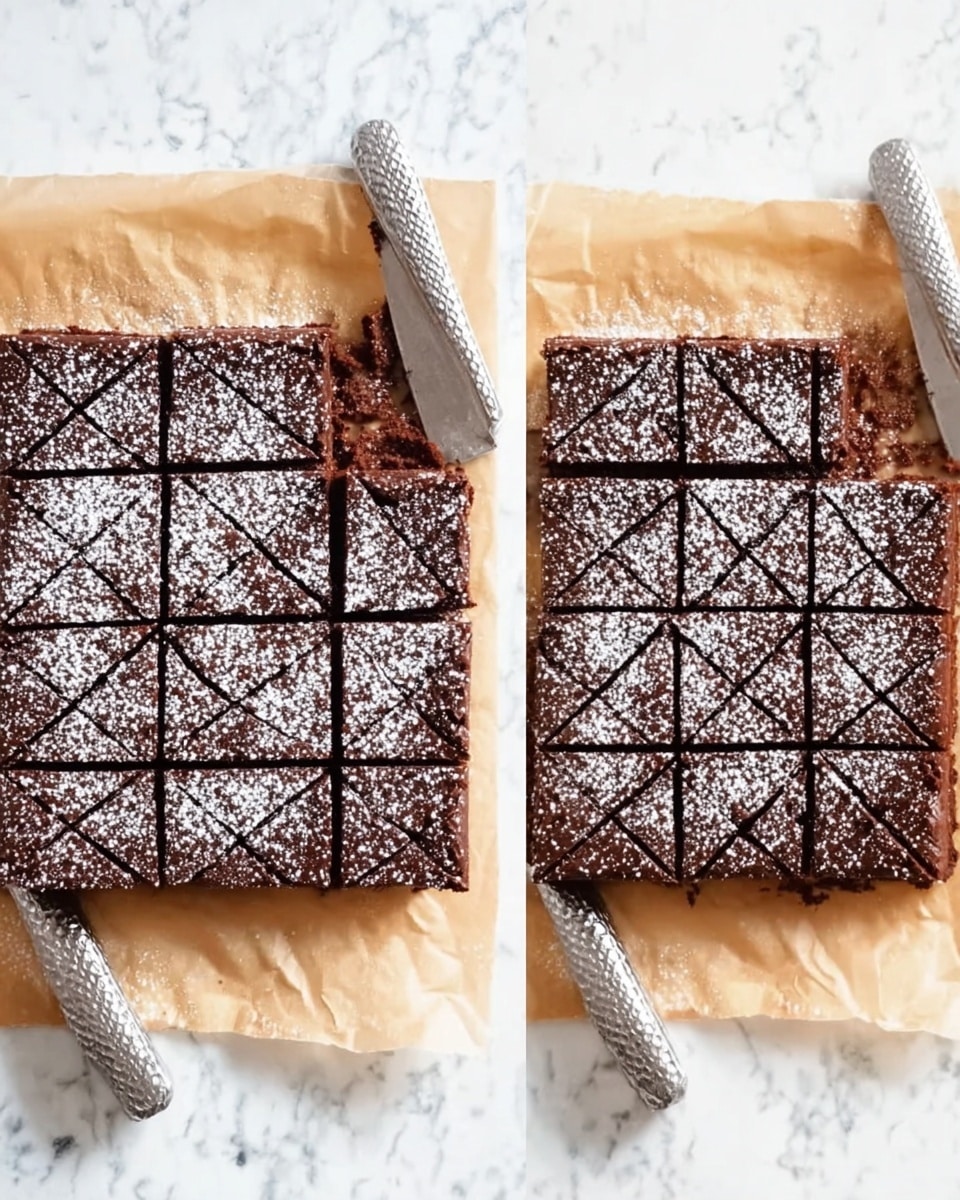 A square chocolate dessert on a piece of parchment paper sits on a white marbled surface. The dessert has a dark, rich brown color and is sprinkled with a light dusting of white powdered sugar on top. Next to it, a shiny silver knife with a textured handle rests partially on the parchment paper. In the second image, the same chocolate dessert is divided into a grid of small diamond shapes with clean cuts, and it still stays on the parchment paper over the white marbled surface. Photo taken with an iphone --ar 4:5 --v 7