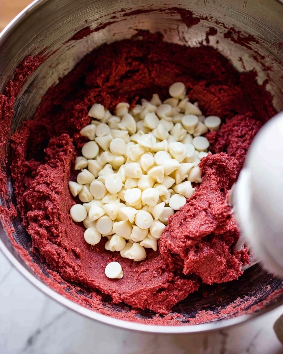 The image shows a close-up of a metal mixing bowl filled with thick, red dough. The dough has a soft texture and covers most of the inside of the bowl. On top of the dough is a pile of white chocolate chips, contrasting with the dark red color of the dough. There is a white mixer attachment partially visible on the right side inside the bowl. The bowl is placed on a white marbled surface with a warm light shining on it, highlighting the rich colors and textures. Photo taken with an iphone --ar 4:5 --v 7
