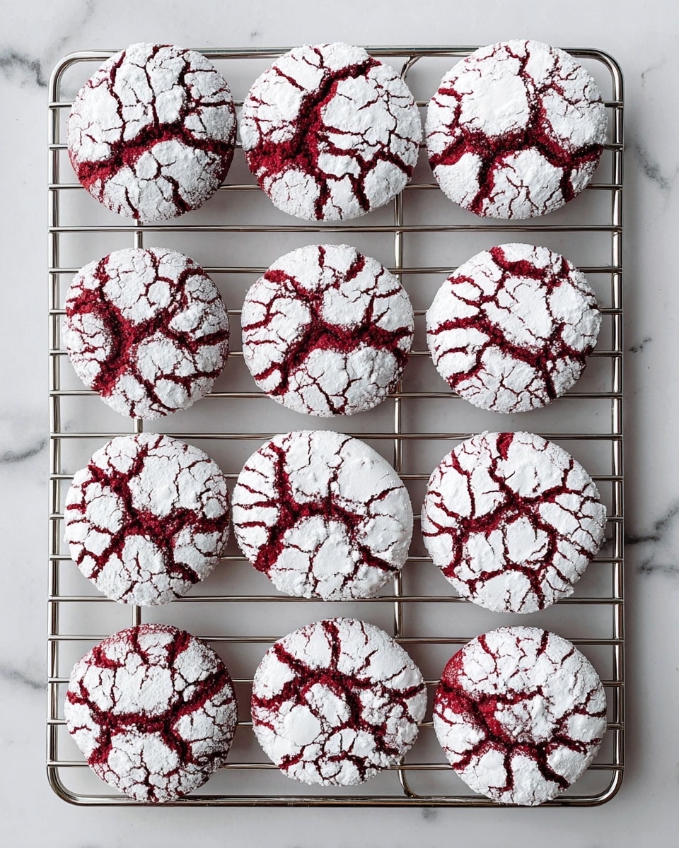 The image shows twelve round cookies arranged in a 3 by 4 grid on a silver cooling rack placed over a white marbled surface. Each cookie has a deep red base layer with a cracked texture covered partially by a thick layer of white powdered sugar that has settled into uneven, irregular patches, creating a striking contrast between the red and white. The cookies appear soft with a slightly rough texture, and the cracks reveal glimpses of the bright red dough beneath the white top. The lighting is bright and natural, highlighting the textured details on both the cookies and the metal rack. photo taken with an iphone --ar 4:5 --v 7