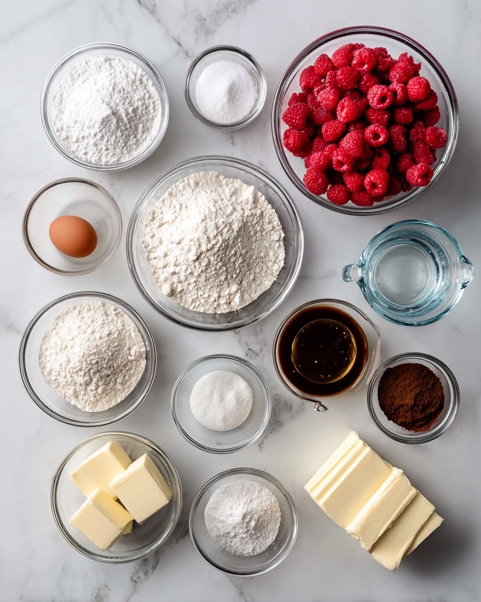 The image shows a collection of clear glass bowls and measuring cups arranged on a white marbled surface, each filled with different baking ingredients. The largest bowl contains bright red raspberries, while medium bowls hold white powdered sugar and fluffy all-purpose flour. Smaller bowls are filled with granulated sugar, cocoa powder, cornstarch, baking soda, and salt. There is one small bowl with an egg and another with vanilla extract. A clear measuring cup contains vegetable oil, and another measuring cup holds water. Three sticks of butter are shown without packaging. All containers are transparent glass, neatly spaced and labeled with black text above each ingredient, creating a clean and organized look. Photo taken with an iphone --ar 4:5 --v 7