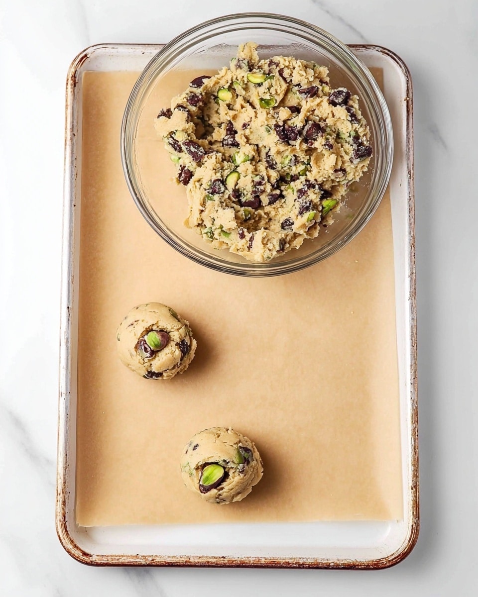 The image shows a white baking tray lined with light brown parchment paper. On the baking tray, there are three small cookie dough balls with visible dark chocolate chunks and green pistachio pieces mixed inside. One dough ball is hollowed out in the center, holding a small green pistachio. Above the baking tray, there is a clear glass bowl filled with chunky cookie dough that has similar chocolate and pistachio pieces spread throughout. The background is a white marbled surface. photo taken with an iphone --ar 4:5 --v 7