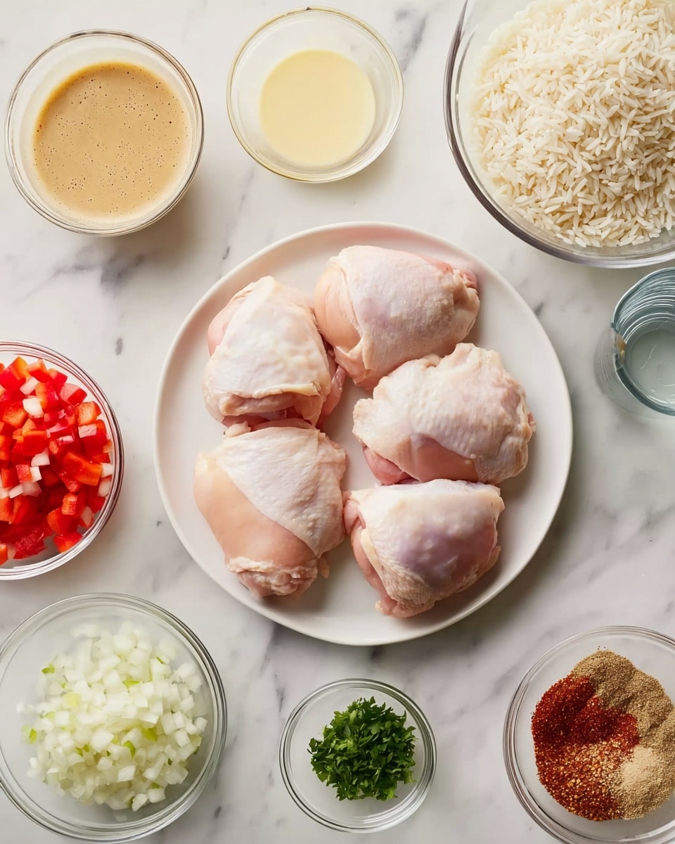 A white plate holds six pieces of raw chicken thighs, arranged in two rows of three, showing smooth, pale pink skin and a slightly glossy surface. Surrounding the plate are small glass bowls placed on a white marbled surface: a bowl of light brown sauce with visible darker bits at the top left, a creamy pale yellow sauce next to it, a bowl filled with uncooked white rice at top center, and a glass measuring cup with clear water on the right. Below the rice and water are smaller bowls containing finely chopped red bell peppers, diced white onions, dry seasoning mix in light brown shades, chopped green herbs, and a small bowl of reddish-brown spice powder. The ingredients are neatly arranged with clear separation, creating a clean and organized look. photo taken with an iphone --ar 4:5 --v 7