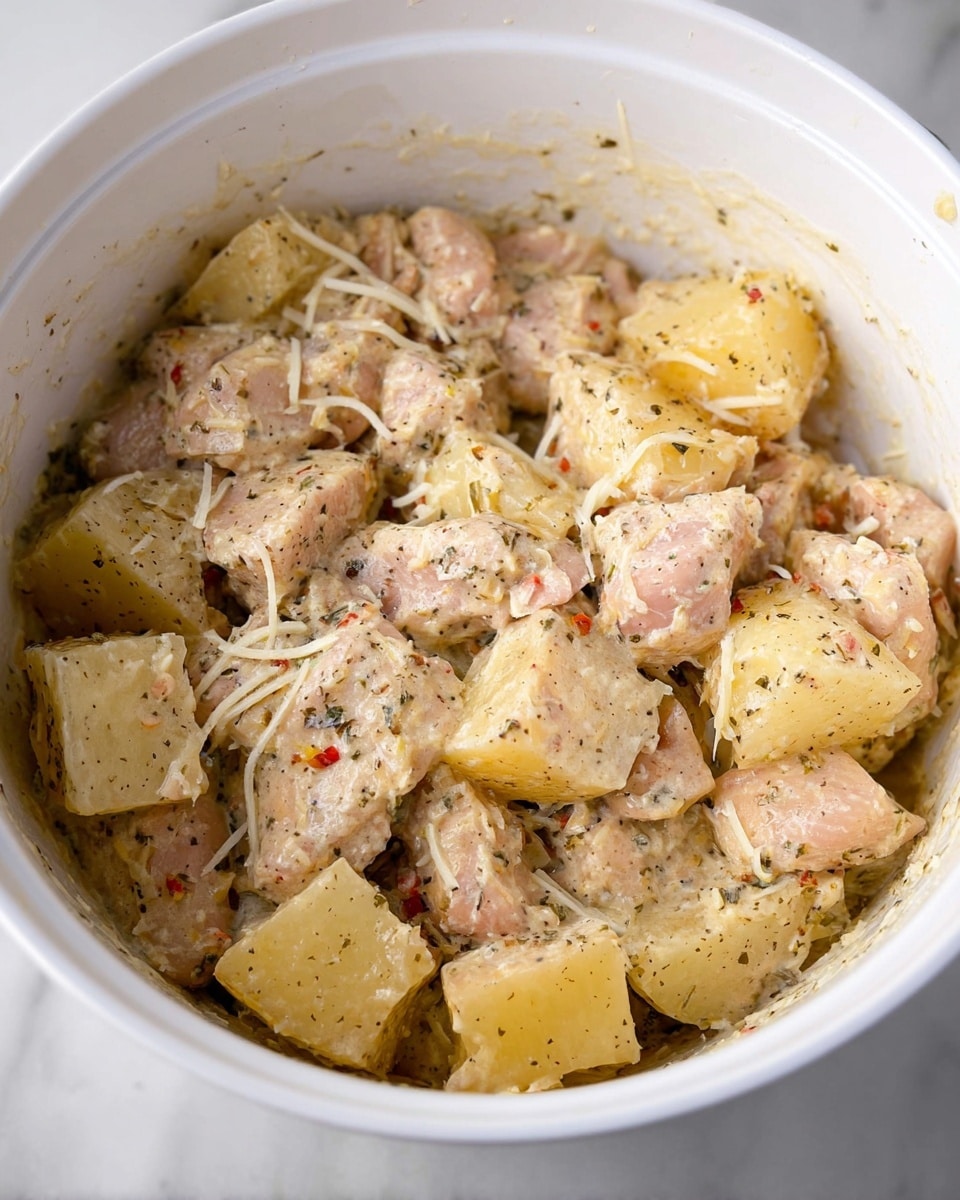 The image shows a white bowl filled with a mixture of finger-sized pieces of raw light pink chicken and large pale yellow potato chunks. Both chicken and potatoes are covered with a creamy, speckled sauce that looks seasoned with black pepper, herbs, and red chili flakes. Some shredded white cheese is slightly scattered on top. The chunks are mostly mixed together, sitting close inside the bowl, which is on a white marbled surface. Photo taken with an iphone --ar 4:5 --v 7
