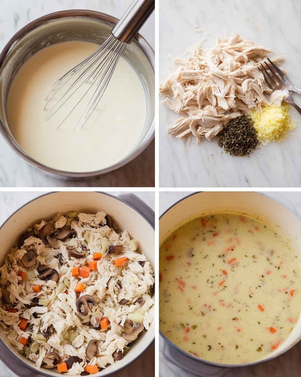 The image shows four stages of making a creamy chicken soup. In the first part, a metal bowl holds smooth, thick white sauce, with a metal whisk resting inside. The second part shows shredded chicken laid out on a white marbled surface next to a fork. The third part displays a large white pot with different ingredients inside: chopped mushrooms, shredded chicken, thick white cream, and yellow seasoning all separated for the moment. The last part shows the finished soup inside the pot, with a creamy light beige broth filled with small carrot pieces, shredded chicken, mushrooms, and herbs. The setting has a white marbled background throughout. Photo taken with an iphone --ar 4:5 --v 7