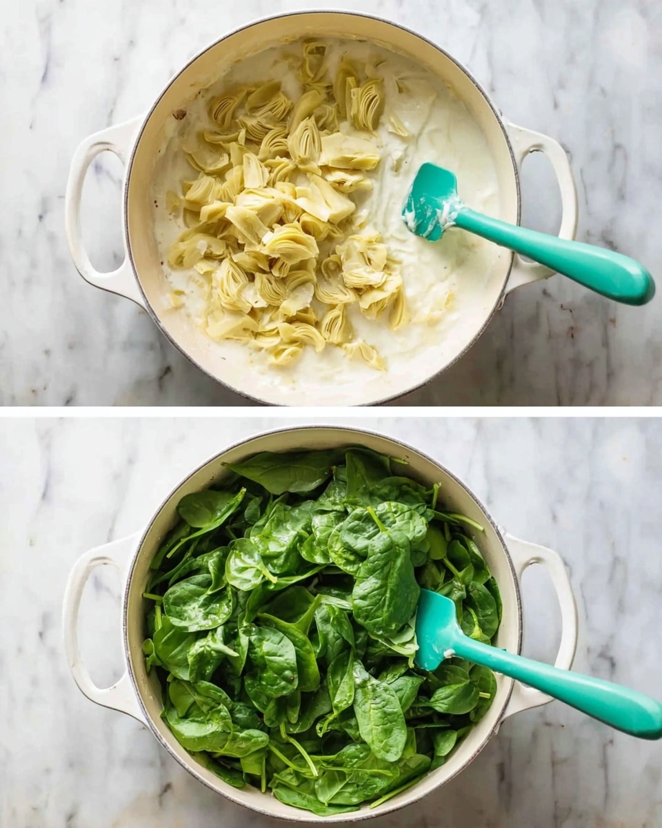 The first image shows a white pot on a white marbled surface filled with a creamy white sauce as the base layer. On top of the sauce, there is a layer of chopped, light yellow artichoke hearts being stirred with a teal spatula. The second image has the same white pot with the creamy white sauce base layer, but now a thick layer of fresh, bright green spinach leaves is added on top. The teal spatula is still inside the pot, resting on the side over the spinach. The background remains the white marbled texture. photo taken with an iphone --ar 4:5 --v 7