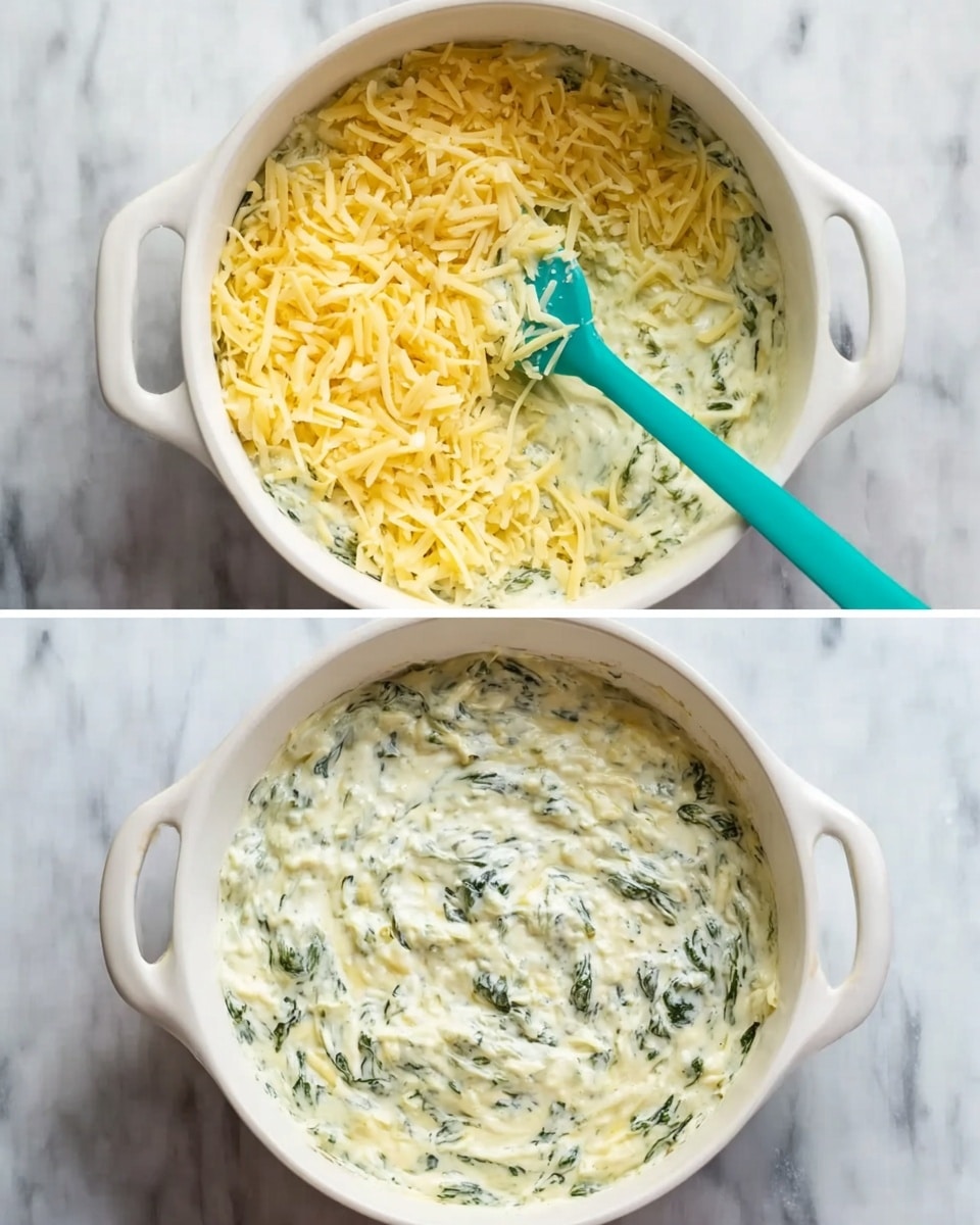 The first image shows a white pot filled with a creamy spinach mixture topped with shredded yellow cheese, which covers the top layer. A turquoise spoon is placed inside the pot, slightly stirring the mixture. The pot rests on a white marbled surface. The second image shows a white shallow dish filled completely with the creamy spinach and cheese mixture, smooth on the top layer. This dish also sits on a white marbled surface. photo taken with an iphone --ar 4:5 --v 7