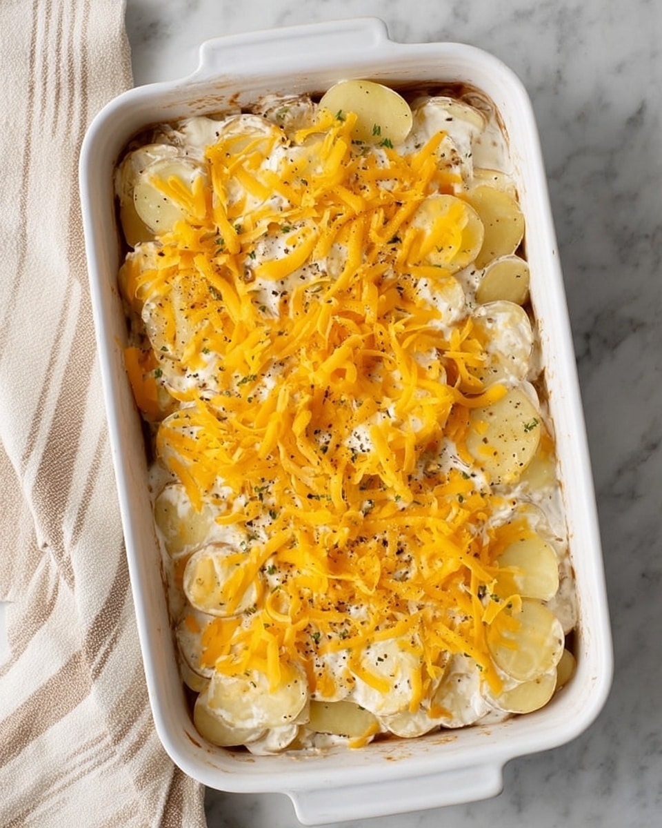 The image shows a white rectangular baking dish filled with three layers visible from the top. The bottom layer is thinly sliced round potatoes with a pale yellow color. The middle layer is a creamy white sauce spread evenly over the potato slices, with small bits of black pepper or herbs seen throughout. The top layer consists of shredded bright orange cheddar cheese scattered generously across the sauce. The dish sits on a white marbled surface, and a beige-striped cloth is partially visible on the left side. photo taken with an iphone --ar 4:5 --v 7