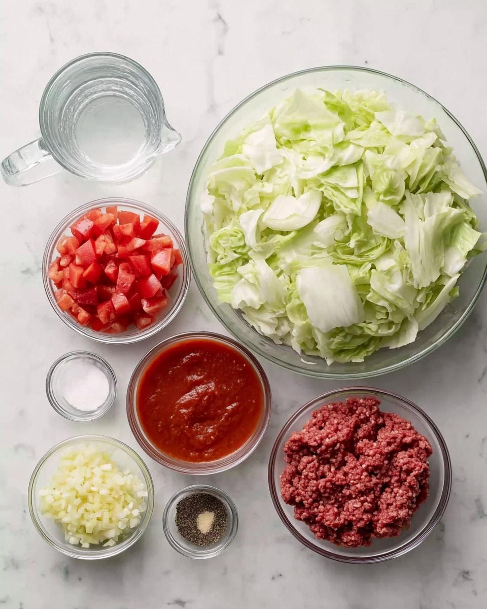 The image shows seven clear glass bowls arranged on a white marbled surface. In the center is a large bowl filled with chopped light green cabbage leaves with a leafy texture. To the right of it is a medium bowl filled with chopped white onions. Below the onion bowl is a smaller bowl with red ground meat, textured with small indentations. Next to the ground meat is a small bowl of black pepper. Above the cabbage is a medium bowl filled with thick red tomato sauce. To the left of the tomato sauce is a small bowl of white salt. Above the salt is a small bowl of minced garlic, pale yellow and finely chopped. To the far left near the front is a medium bowl filled with diced bright red tomatoes. Above the tomato bowl is a clear glass measuring cup with water. The white marbled surface creates a clean and bright background. photo taken with an iphone --ar 4:5 --v 7