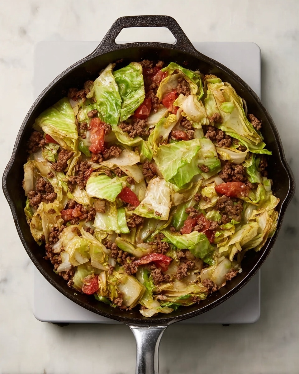 The image shows a cast iron skillet filled with a cooked dish consisting of roughly chopped cabbage leaves in light green and pale yellow shades mixed with browned ground meat and small pieces of red tomato, all evenly spread within the pan. The ingredients have a slightly glossy, cooked texture with some edges of the cabbage showing light browning. The skillet is placed on a white marbled surface. steam slightly rises from the hot food photo taken with an iphone --ar 4:5 --v 7