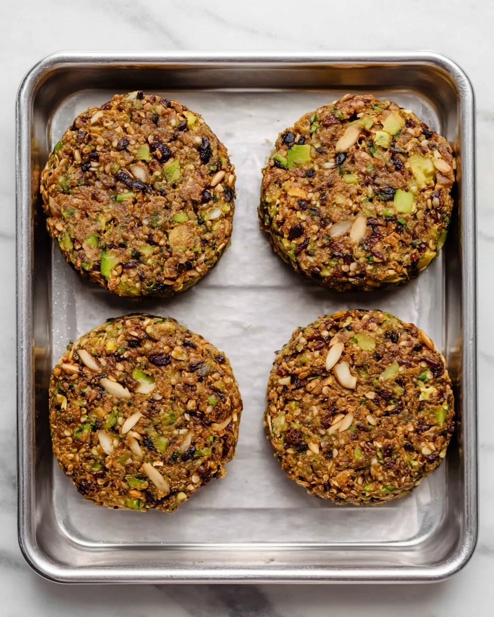 The image shows four round veggie patties inside a silver baking tray. Each patty has a rough texture with visible chunks of green, white, and dark brown pieces, likely vegetables and grains mixed together. The patties are evenly spaced with two in the top row and two in the bottom row on a white marbled surface visible around the tray. photo taken with an iphone --ar 4:5 --v 7
