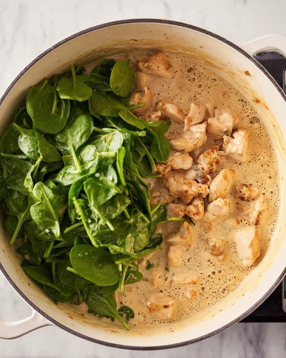 In a white pot, there is one layer of small cooked chicken pieces with a light brown sear on some parts, sitting in a creamy, beige sauce that has slight bubbles and a smooth texture. On the left side, a pile of fresh, bright green spinach leaves rests, contrasting with the creamy sauce. The pot is set against a white marbled surface. photo taken with an iphone --ar 4:5 --v 7