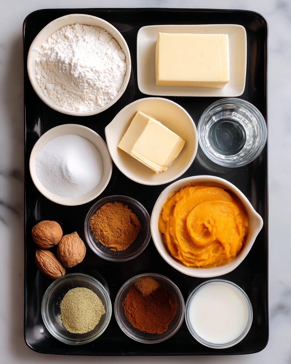 The image shows a black tray with small white bowls and glass cups holding different cooking ingredients laid out neatly. At the top left, a white bowl is filled with white flour, next to a small glass cup of white sugar on the right. Below the flour is a white bowl with a block of pale yellow butter. To the right of the butter is a small glass cup with clear water, and next to it is a white bowl filled with smooth orange pumpkin puree. Below the water is a small glass dish with light green cardamom powder, and to the right is a whole nutmeg seed placed next to another glass dish with brown cinnamon powder. Near the bottom left corner, a small glass bowl holds dark brown allspice powder, and to its right, a small white bowl has white milk. At the bottom right corner, a small glass bowl contains an orange egg yolk. All these items are arranged on the black tray which is placed on a white marbled surface. Photo taken with an iphone --ar 4:5 --v 7