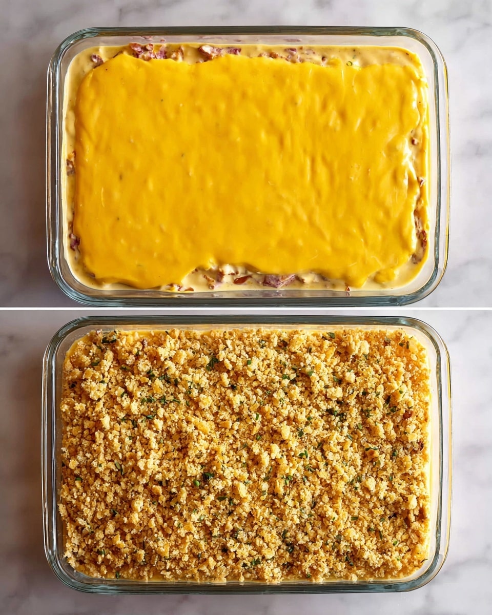The image shows two stages of a casserole in a clear glass rectangular dish placed on a white marbled surface. The first dish layer is covered in a thick smooth bright yellow cheese sauce with visible bits of meat or vegetables peeking through underneath. The second dish layer is topped with a crumbly, light golden brown topping made of crushed crackers or bread crumbs with small green herb specks scattered throughout, creating a textured surface that contrasts with the smooth cheese layer below. The clear glass allows viewing of the layers' thickness and contents photo taken with an iphone --ar 4:5 --v 7