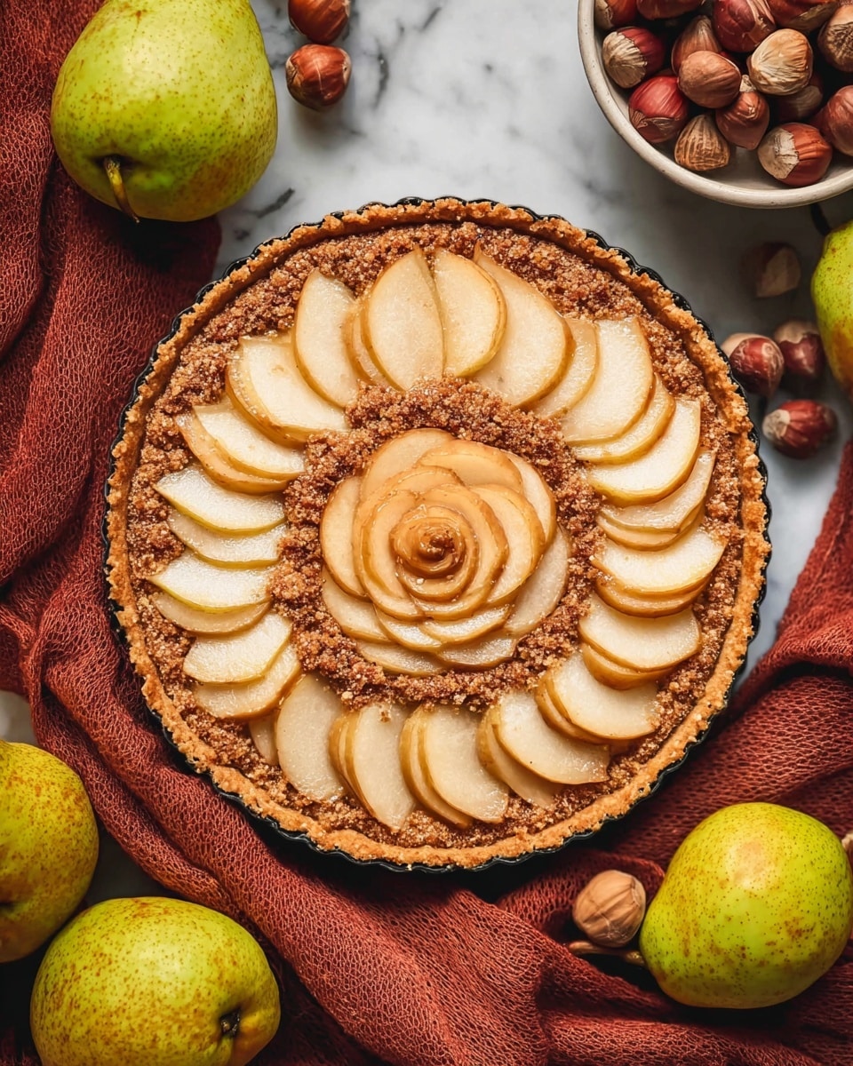 A round tart with a golden brown crust forms the base, filled with a nutty, crumbly layer that has a slightly rough texture. On top, thin slices of pear are arranged in concentric circles, each slice a soft pale yellow with a slightly glossy finish. The pear slices start small in the center and get larger as they move outward, creating a flower-like pattern. The tart sits on a white marbled surface, surrounded by whole green pears and a white bowl filled with whole and halved hazelnuts. A rust-colored cloth is placed next to the tart, adding warmth to the scene. Photo taken with an iphone --ar 4:5 --v 7