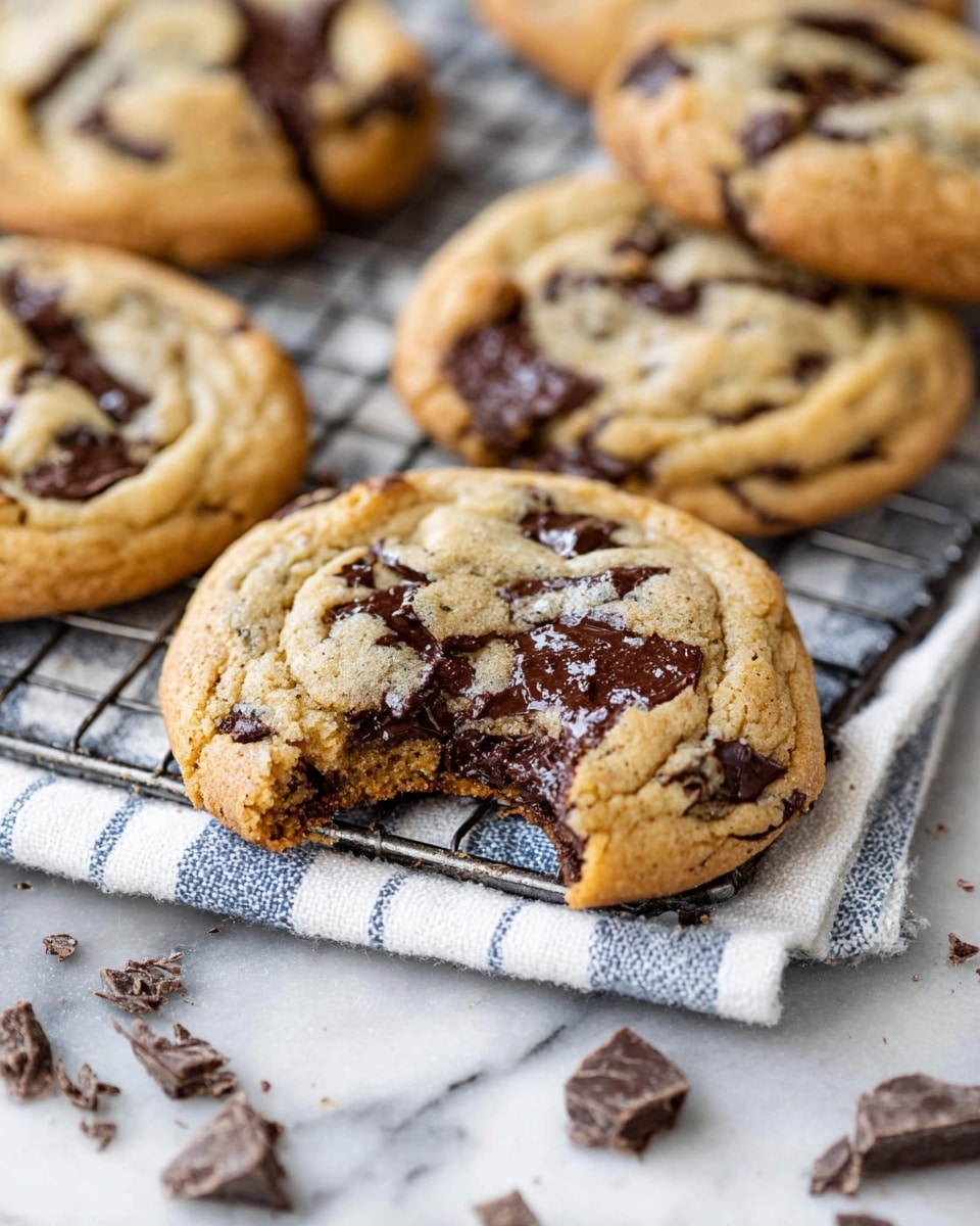 A close-up of several thick chocolate chip cookies resting on a metal cooling rack over a white and blue striped cloth, placed on a white marbled surface. The cookies have a golden brown color with dark brown chocolate chunks visible throughout. The front cookie is partly eaten, showing a soft inside with melted chocolate pieces. Around the rack, there are scattered chocolate chunks and crumbs. The texture of the cookies looks soft and slightly crispy on the edges, with a slight shine on the chocolate bits. photo taken with an iphone --ar 4:5 --v 7