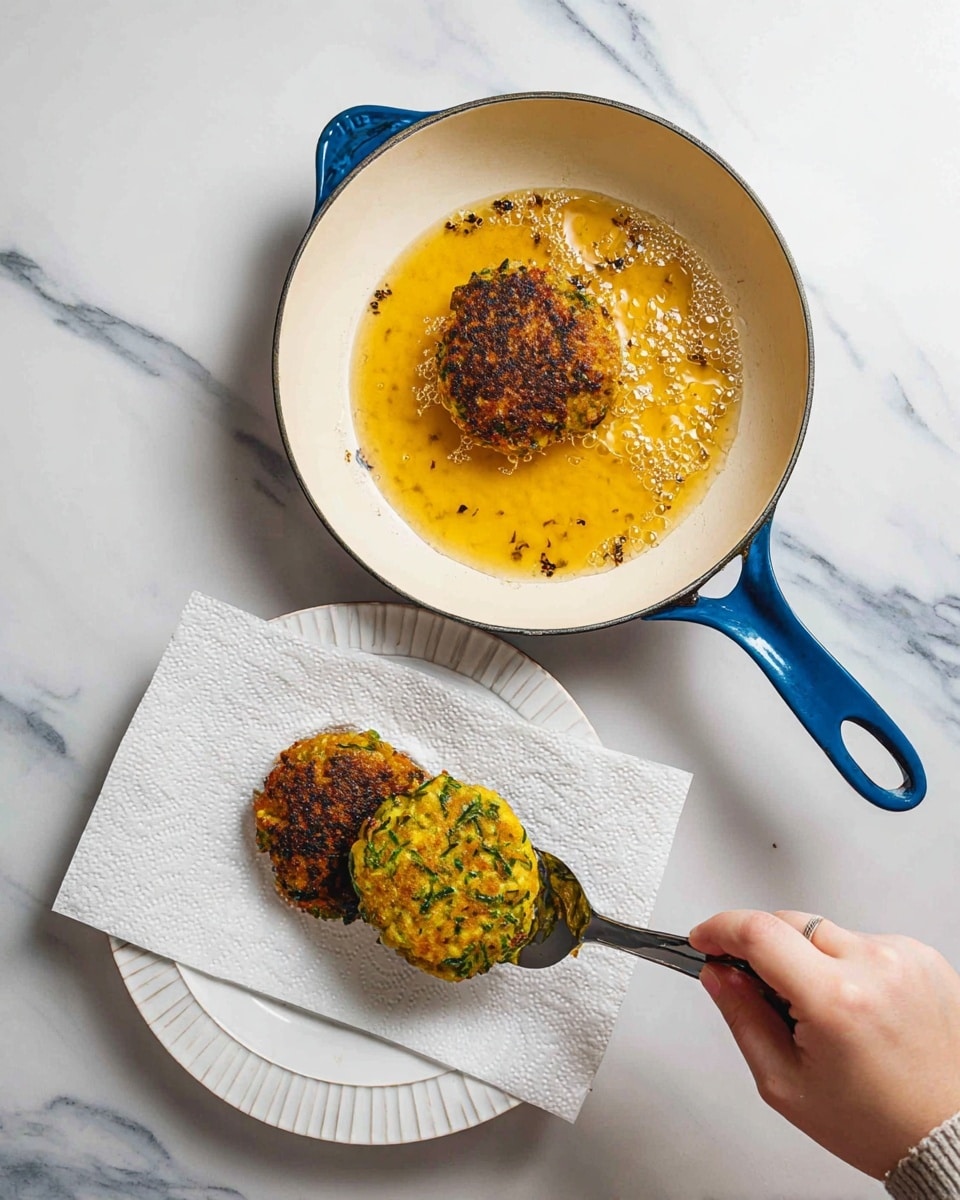 A white pan with a blue handle holds two round patties frying in golden oil with visible bubbles and small dark specks. Below the pan, a white plate lined with white paper towels has one dark brown patty and a bright yellow-green patty with green herbs being gently held by a woman's hand using a spatula. The background shows a white marbled surface. photo taken with an iphone --ar 4:5 --v 7