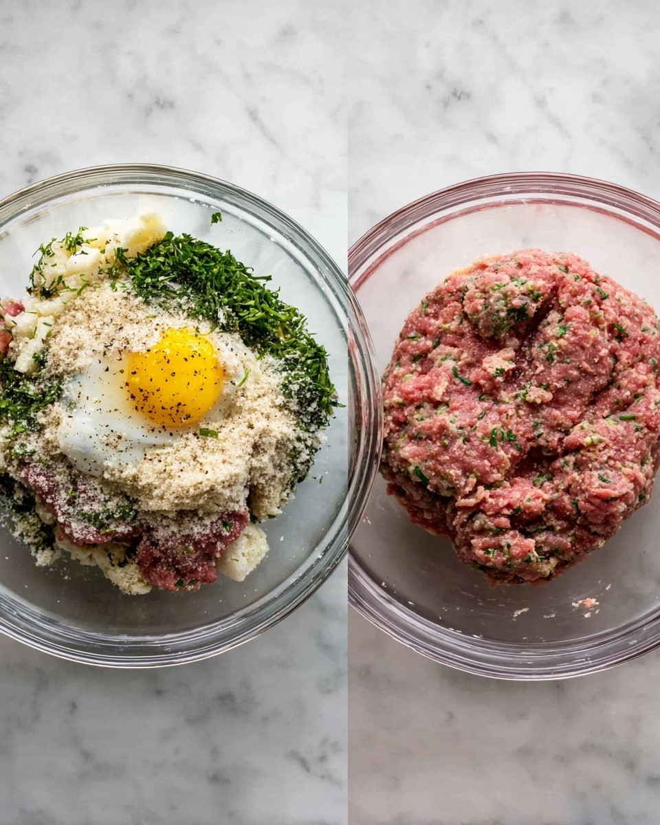 Two clear glass bowls sit side by side on a white marbled surface. The left bowl shows layered ingredients before mixing: a base of green herbs, white cheese, a cracked yellow egg yolk on the right, pink raw ground meat, and light beige breadcrumbs all piled in layers with a sprinkle of black pepper on top. The right bowl displays the same mixture fully blended into a smooth, thick pinkish-red paste with flecks of green herbs evenly spread throughout. The images capture the transformation from separate ingredients to a combined meat mixture. photo taken with an iphone --ar 4:5 --v 7