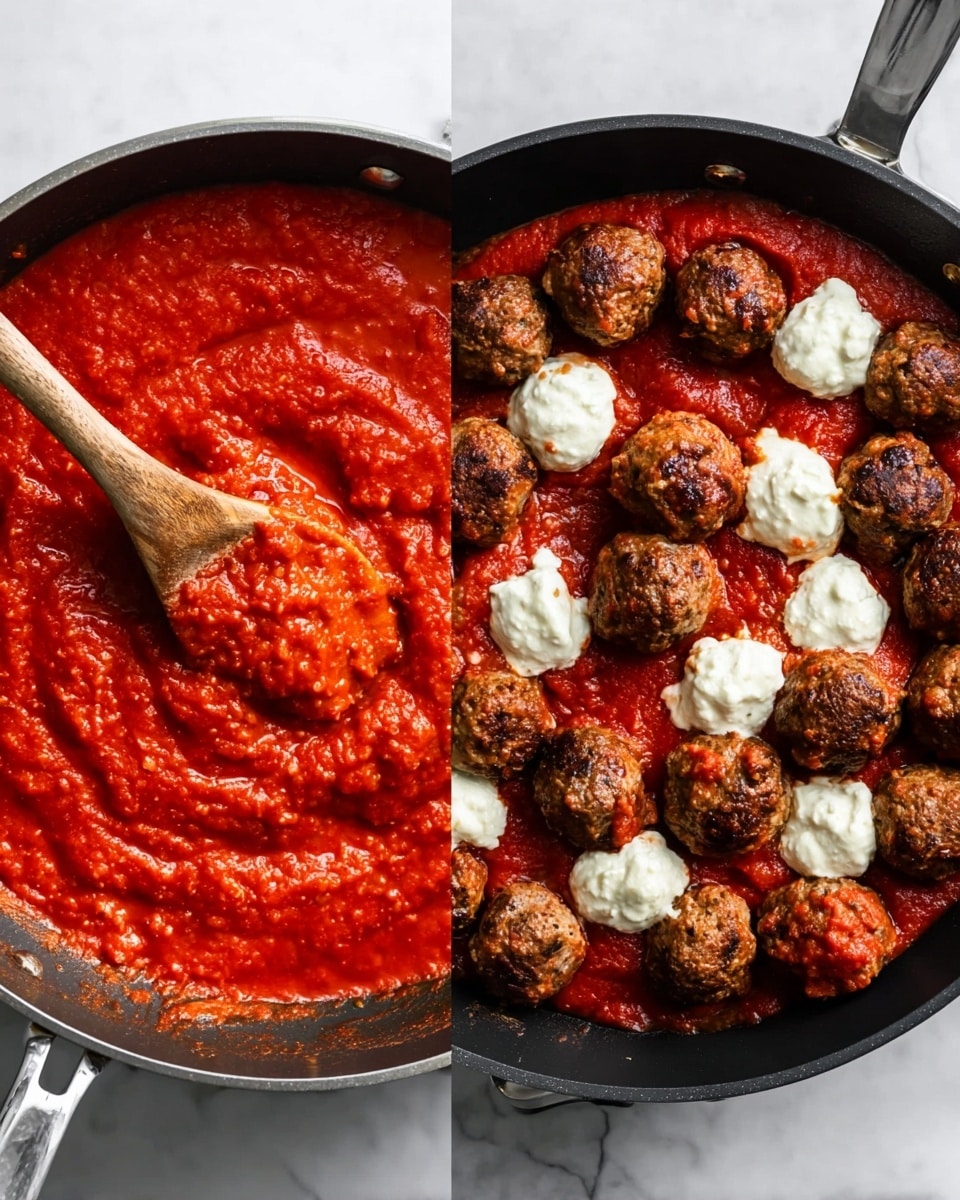 The image shows two black pans side by side on a white marbled surface. The left pan is filled with a thick, bright red tomato sauce with a wooden spoon partially submerged, showing a smooth and slightly chunky texture. The right pan holds the same red tomato sauce as the bottom layer, topped with a single layer of evenly spaced browned meatballs. Bright white dollops of soft cheese are placed in between some of the meatballs, adding contrast to the dish. Photo taken with an iphone --ar 4:5 --v 7