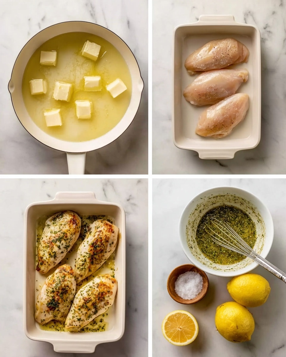 The image shows four steps of cooking chicken with sauce. The first part has a white pan with melted butter chunks floating in a light liquid. The second part has a white pan with four raw chicken pieces placed flat, on a white marbled surface. The third part shows a white bowl with a greenish mixture being whisked next to a whole lemon and a sliced lemon on a small brown bowl, all on a white marbled surface. The last part shows a white baking dish filled with cooked chicken breasts, browned on top and covered with green herbs sauce, sitting on a white marbled surface. photo taken with an iphone --ar 4:5 --v 7