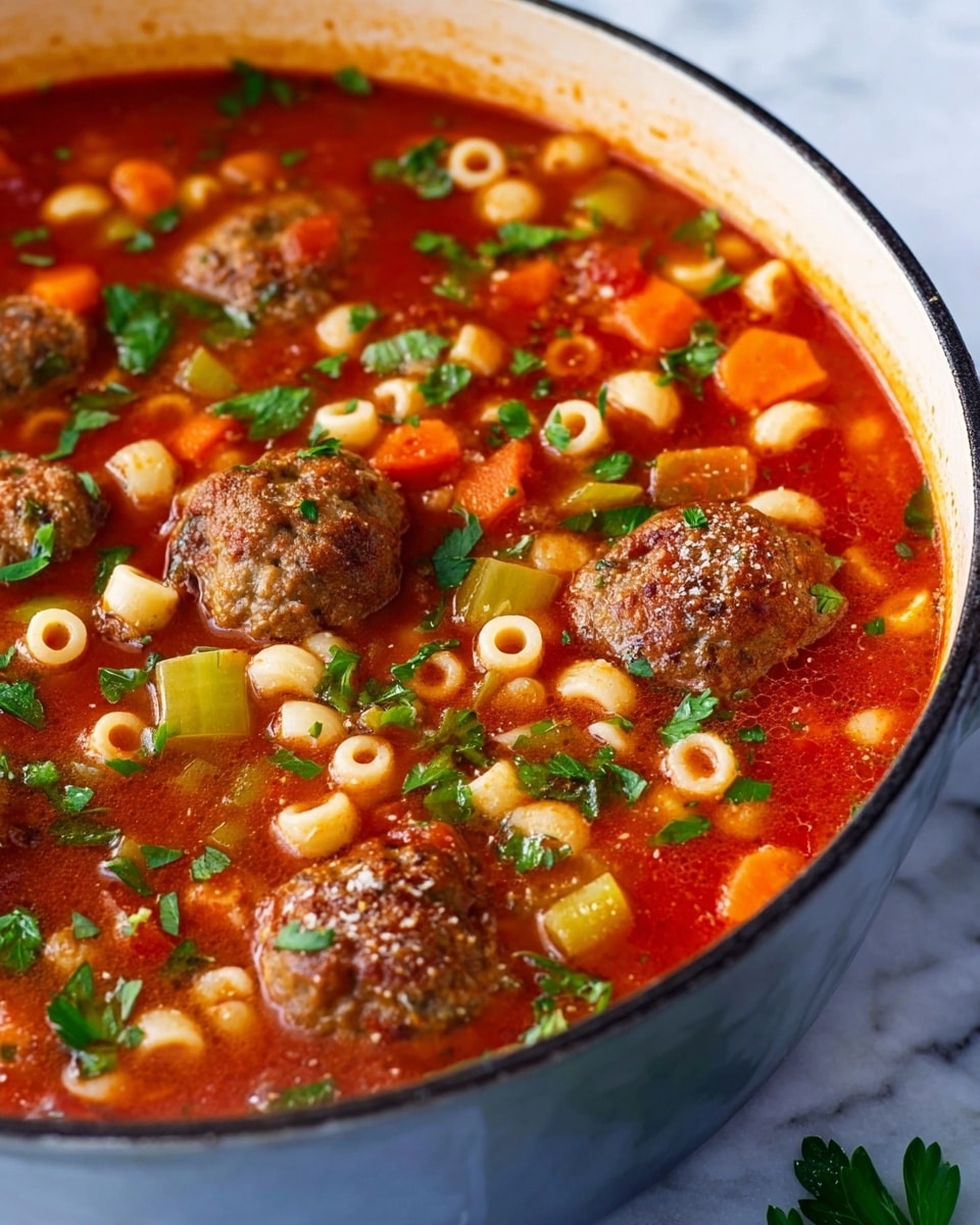 A close-up of a white enamel pot filled with a bright red tomato soup base, featuring several brown meatballs slightly submerged in the liquid. The soup has small round pasta pieces scattered evenly throughout, along with diced orange carrots and green celery slices, all topped with fresh green parsley. The surface is textured with the stew's ingredients floating richly in the broth, and the pot rests on a white marbled surface. Photo taken with an iphone --ar 4:5 --v 7
