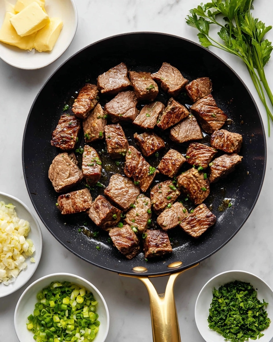 A black frying pan with a gold handle holds about twenty pieces of cooked beef, each piece browned with grill marks and scattered evenly across the pan's surface. Around the pan, four small white bowls sit on a white marbled surface: one with pats of yellow butter, one with finely chopped green herbs, one with sliced green onions, and one with minced garlic. A few green parsley leaves are also scattered on the marbled surface near the bowls. The lighting highlights the rich brown color of the meat and the fresh green of the herbs and onions. photo taken with an iphone --ar 4:5 --v 7