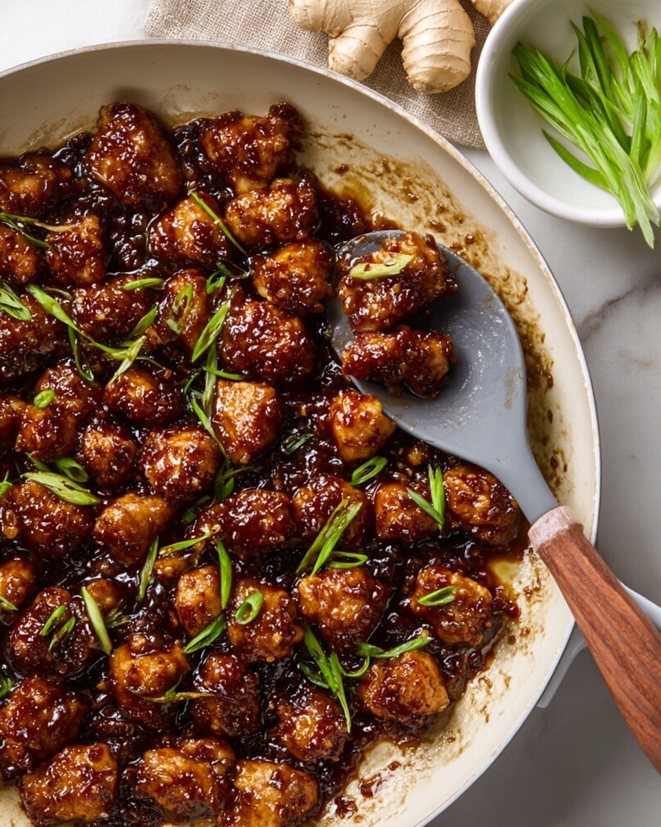 A close-up view of a white frying pan filled with many small, shiny, dark brown pieces of cooked chicken covered in a sticky sauce. The chicken pieces are topped with small scattered green onion slices. A gray spoon with a wooden handle lifts some pieces showing more juicy chicken with green onions on top. On the right side of the pan, there is a white marbled surface with a small white bowl full of green onions and roots of fresh ginger placed near it. photo taken with an iphone --ar 4:5 --v 7