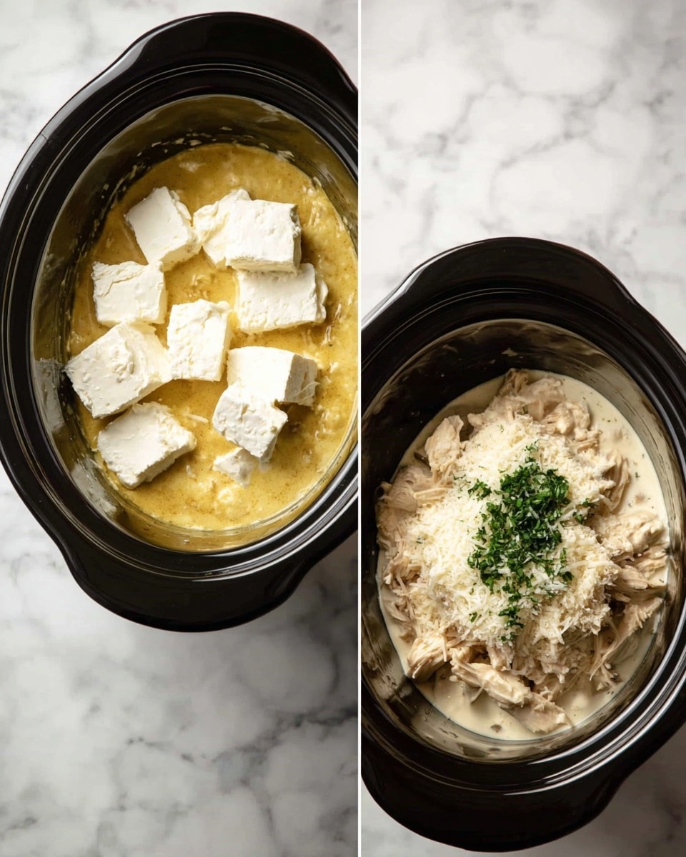 The image shows two black slow cookers side by side on a white marbled surface. The left slow cooker has a thick yellowish sauce covering the bottom, topped with multiple chunks of smooth white cream cheese scattered across it. The right slow cooker contains shredded light beige chicken mixed with a creamy white sauce, topped with a small heap of finely chopped bright green herbs and a light pile of grated white cheese in the center. Photo taken with an iphone --ar 4:5 --v 7